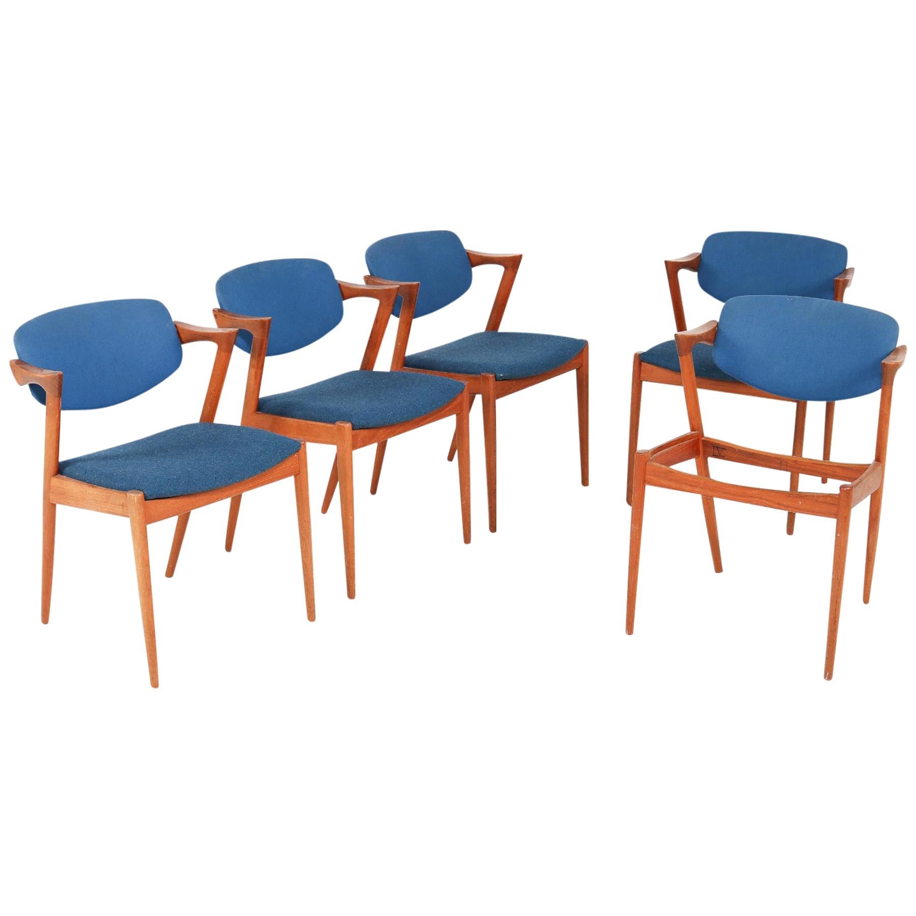 Set of Five Kai Kristiansen Model 42 Danish Modern Dining Chairs in Teak