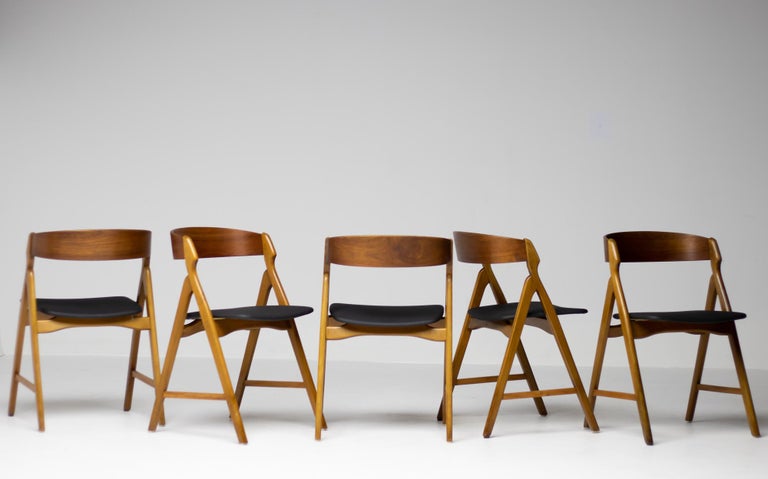 Naugahyde Set of Five Kai Kristiansen Teak Dining Chairs For Sale