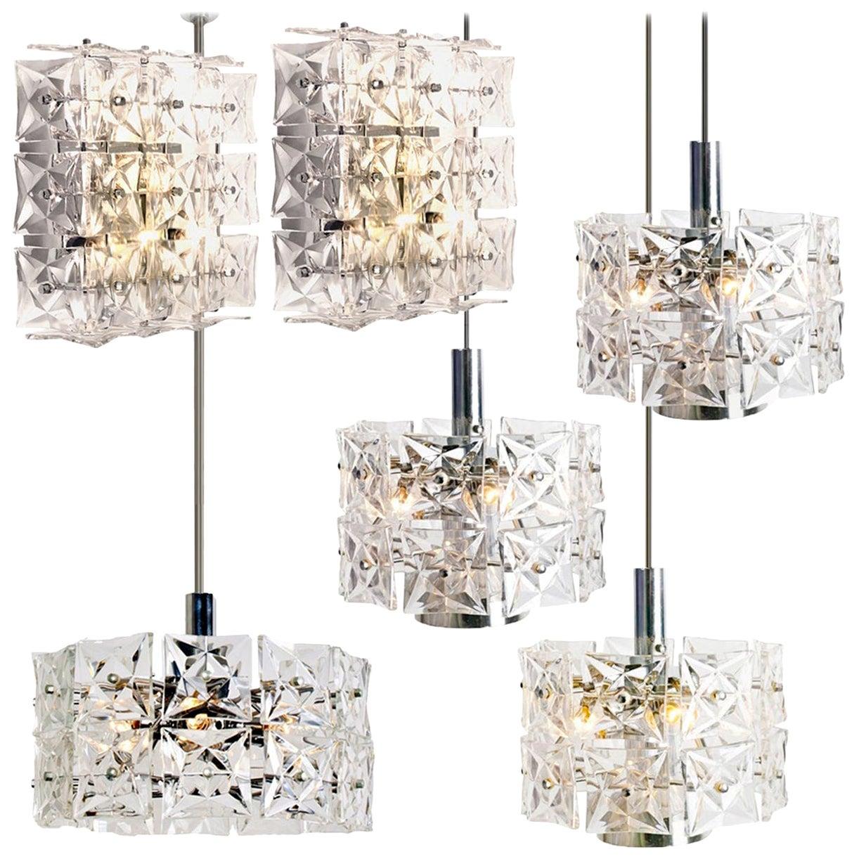 Set of Five Kinkeldey Light Fixtures, Nickel Crystal Glass, 1970