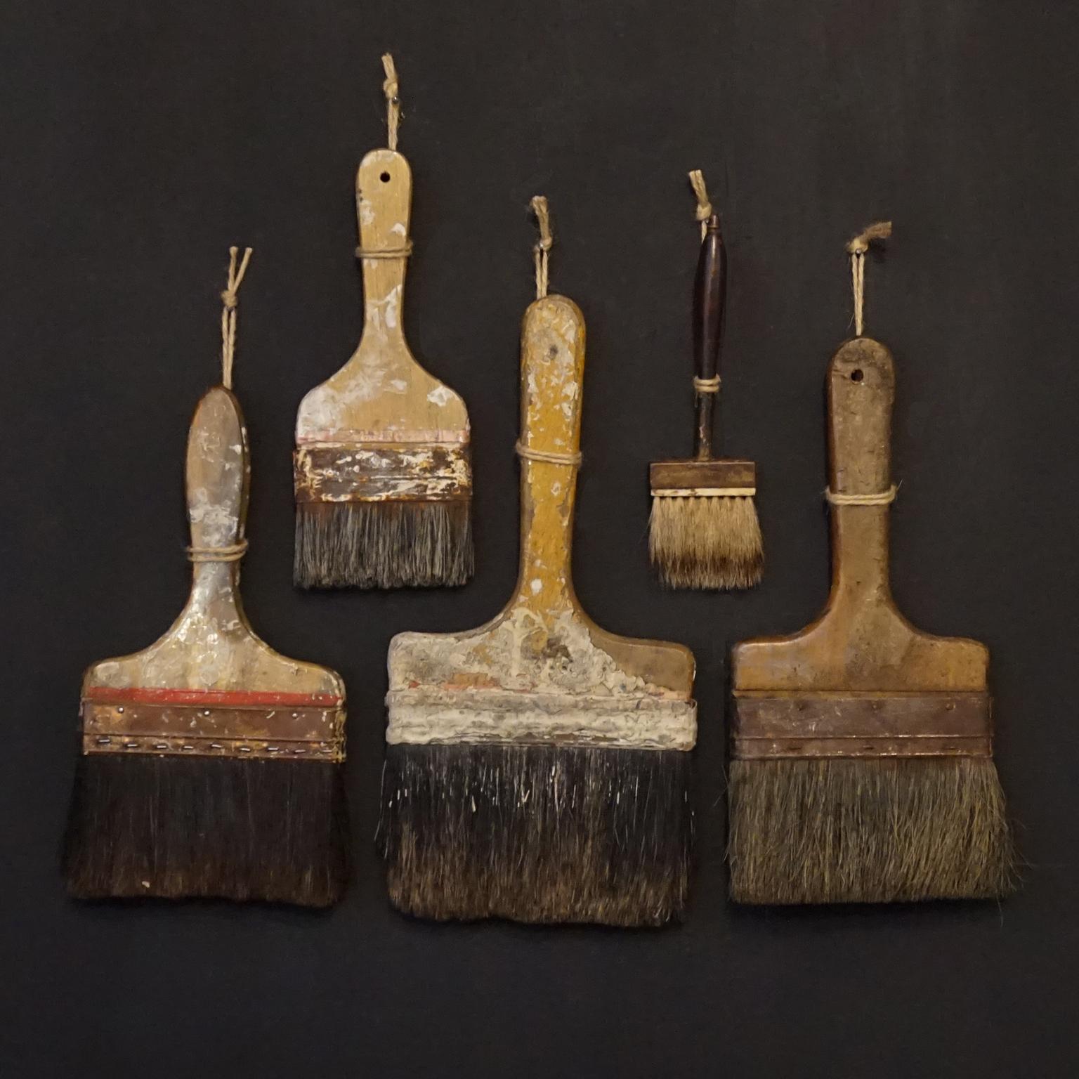 Decorative set consisting of five antique or almost antique horse hair and badger hair paint brushes. This is the real deal, each of these craftsmanship handmade pure bristle brush is an art piece on its own because you can see they where used.
The