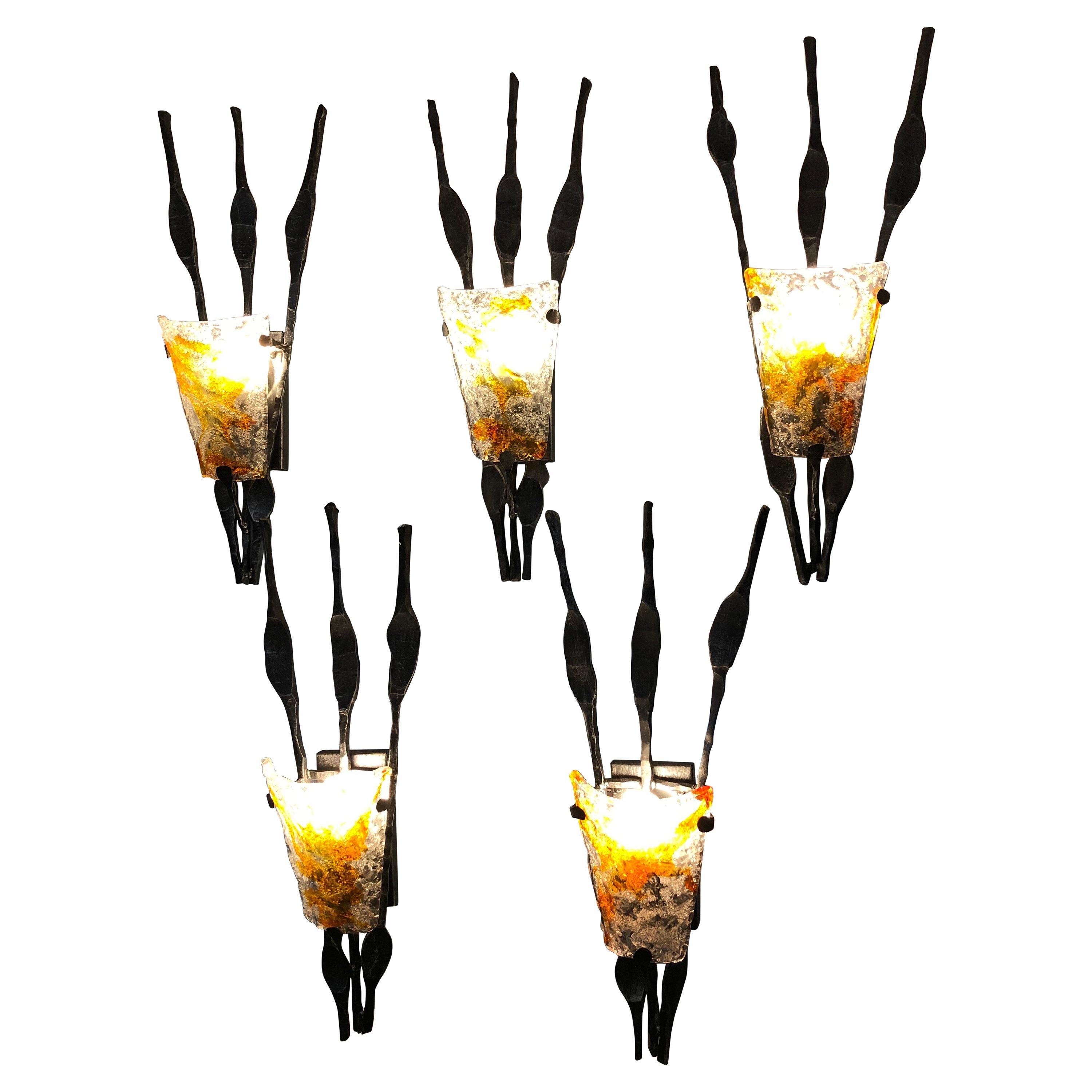 Set of Five Large Italian Brutalist Glass and Iron Wall Lamps by Poliarte, 1970s For Sale