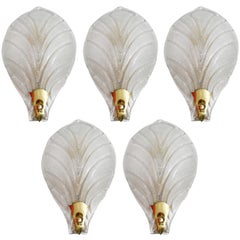 Set of Five Large Murano Glass Brass Wall Lights Sconces, 1960s