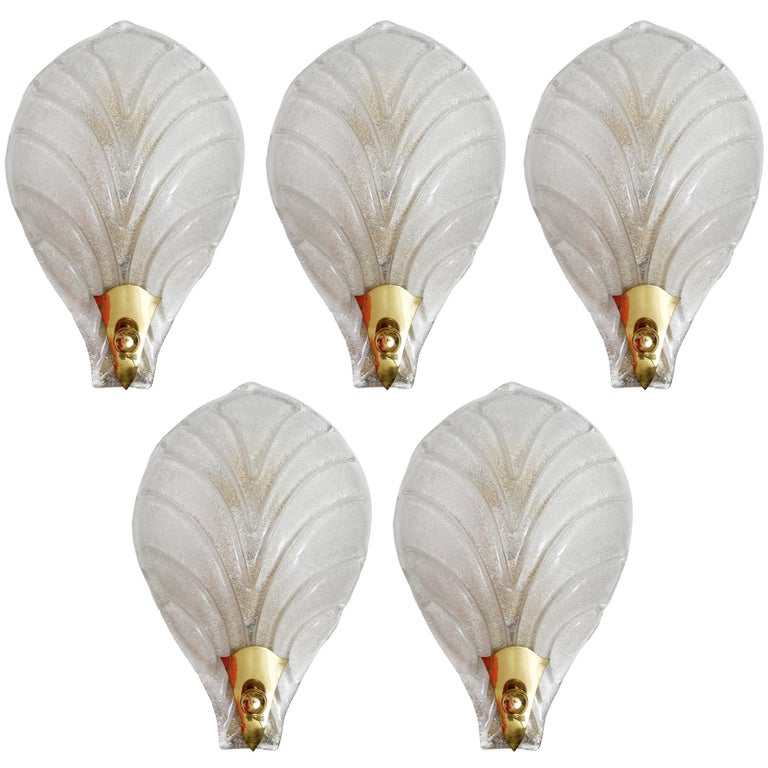 Set of Five Large Murano Glass Brass Wall Lights Sconces, 1960s For Sale