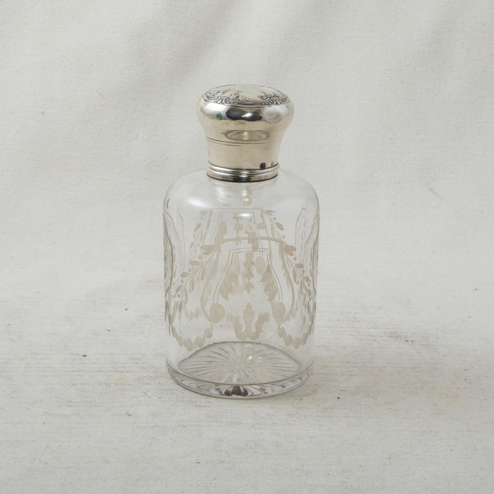 Sterling Silver Set of Five Late 19th Century French Vanity Crystal Bottles with Silver Lids