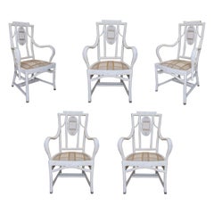 Set of Five Late 20th Century Spanish Woven Wicker on Wood White Armchairs