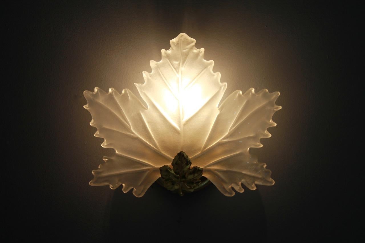 Italian One of Two Leaf Glass and Brass Wall Sconces Lights Italy 1970s Lalique Style For Sale