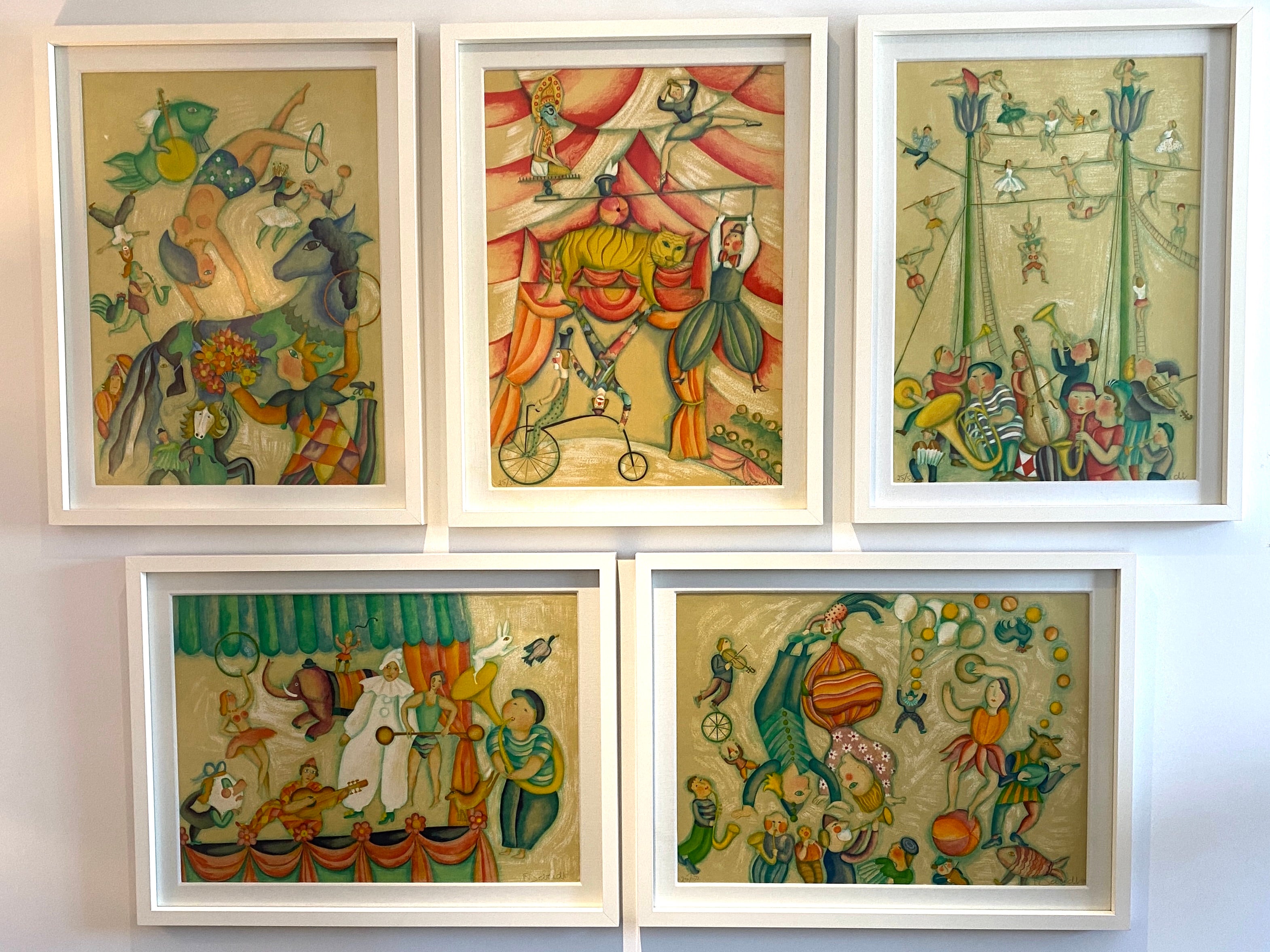 This stylish, chic and whimsical set of limited edition lithographs by Francoise Deberdt will make a statement with their subject matter and colors. 

Note: The vertical and the horizontal framing have the same overall dimensions accordingly. 
