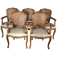 Set of Five Louis XV French Walnut Chairs with Classic Brass Tacking