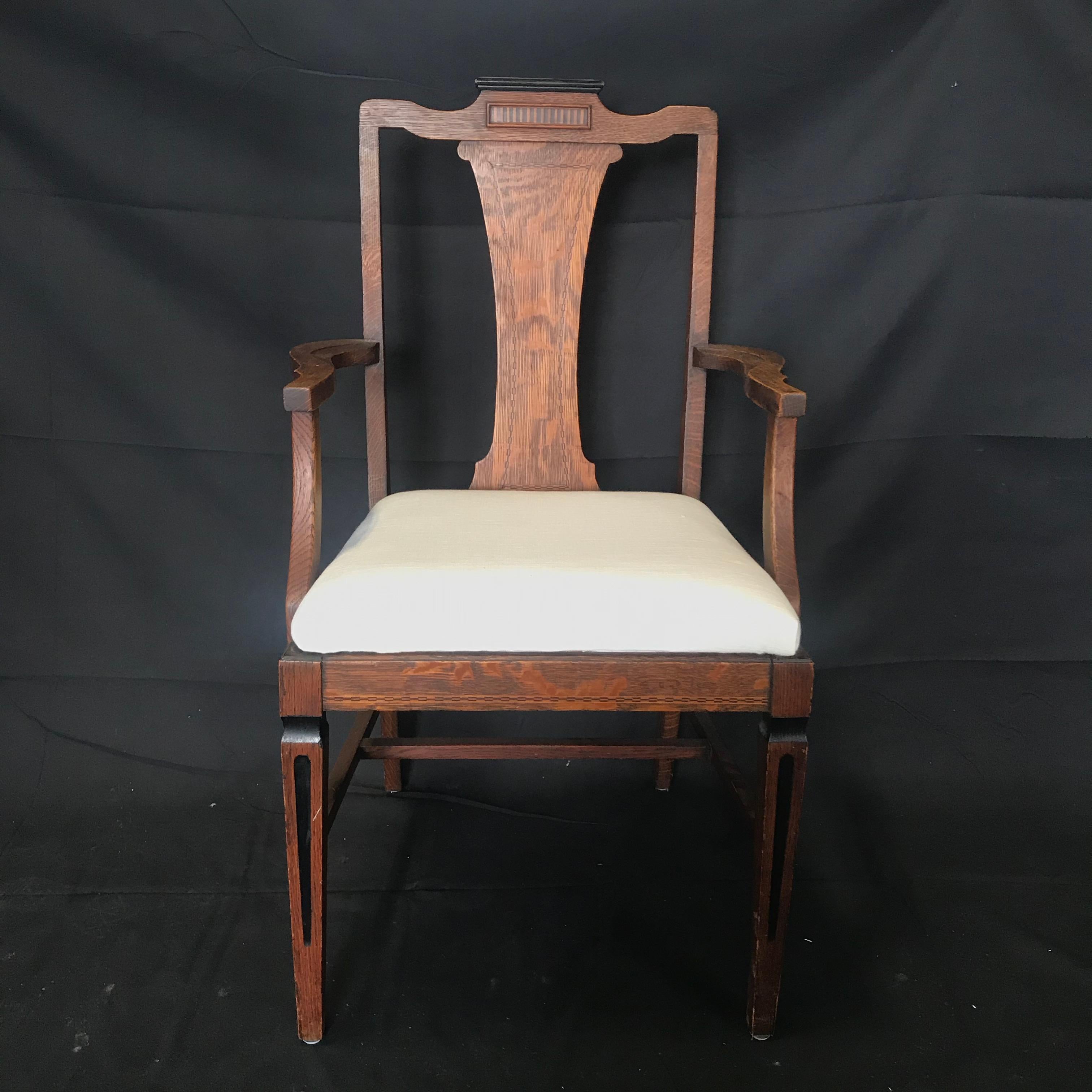 French Set of Five Louis XVI Style Oak Dining Chairs with Inlaid Marquetry