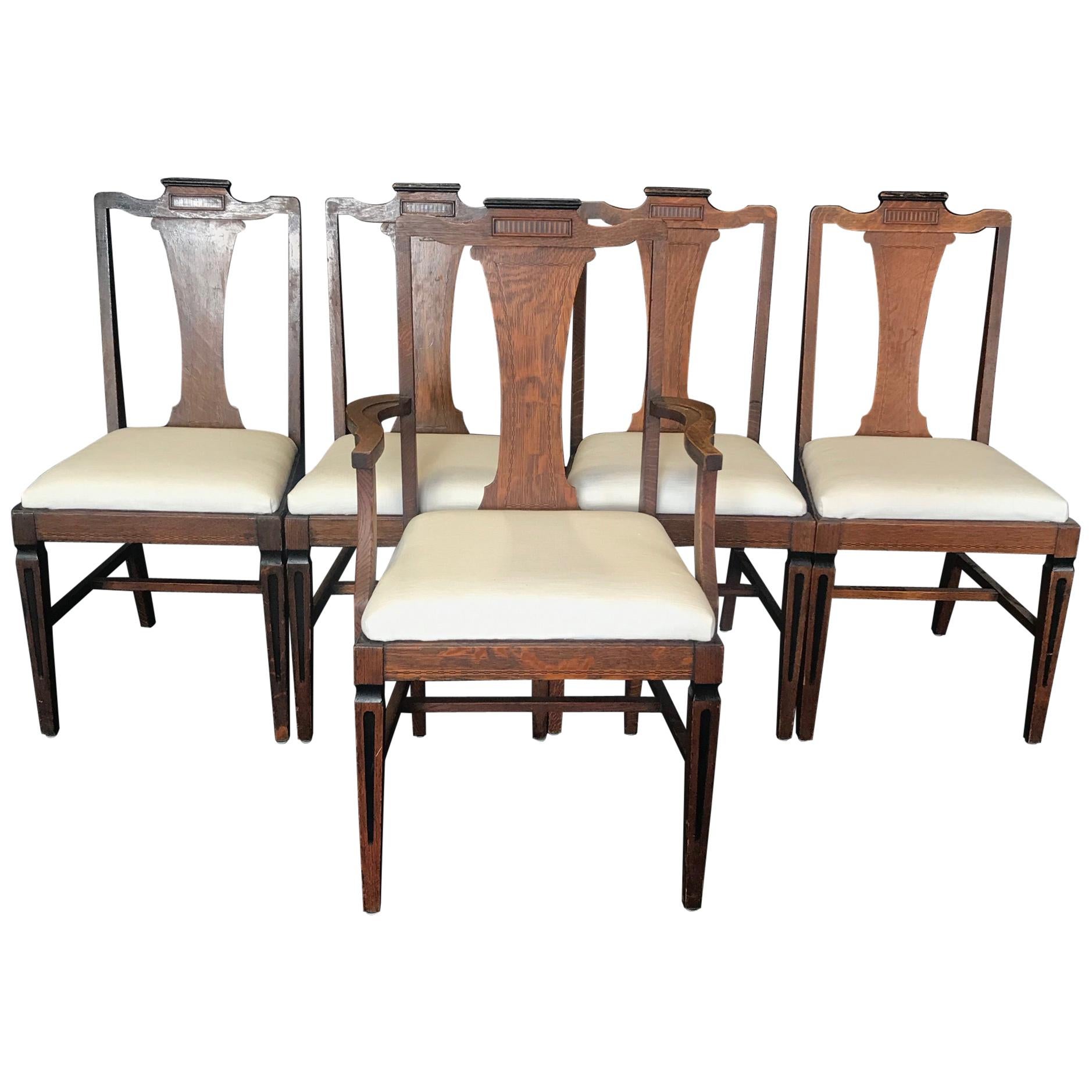 Set of Five Louis XVI Style Oak Dining Chairs with Inlaid Marquetry