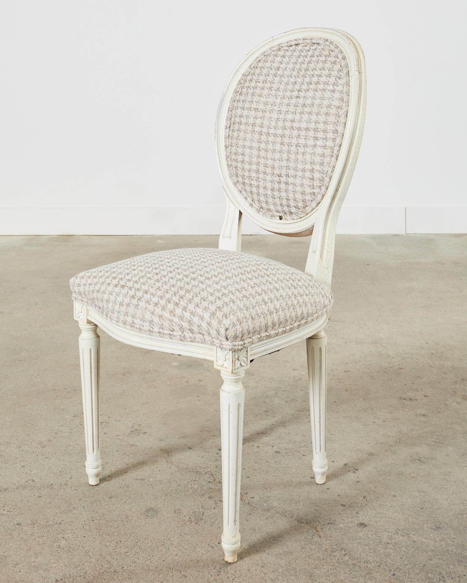 Set of Five Louis XVI Style Painted Dining Chairs with Houndstooth For Sale 4