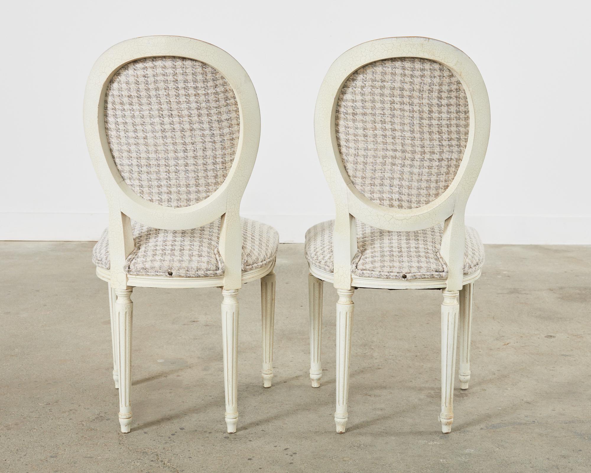 Set of Five Louis XVI Style Painted Dining Chairs with Houndstooth For Sale 14