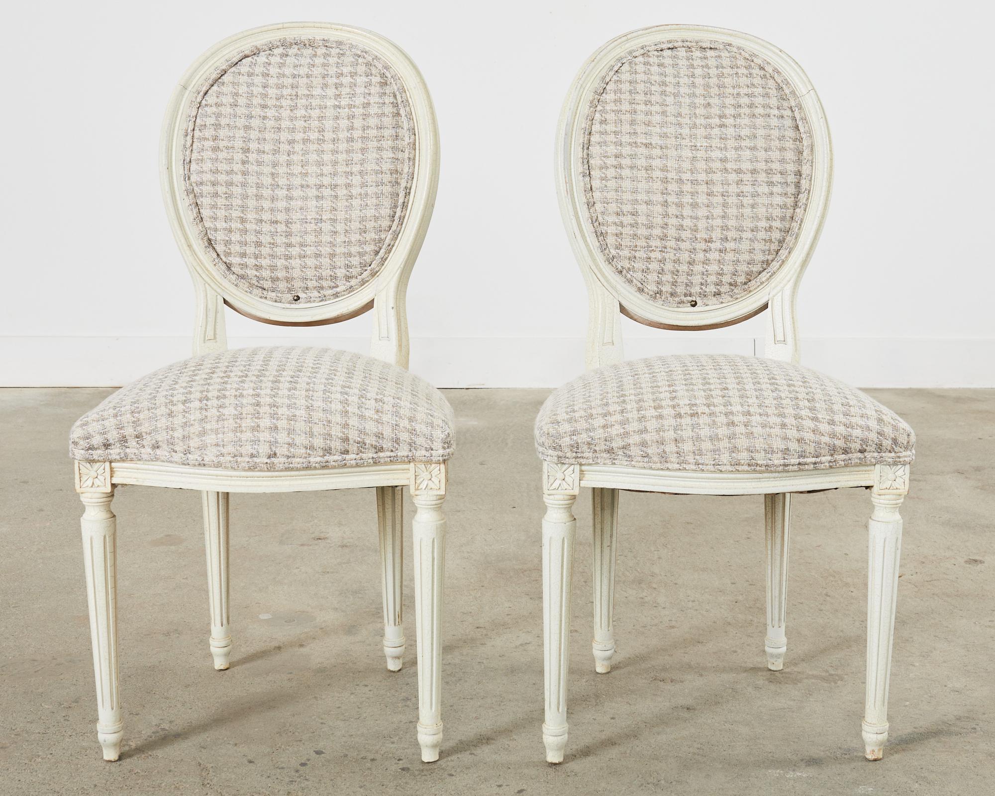 20th Century Set of Five Louis XVI Style Painted Dining Chairs with Houndstooth For Sale