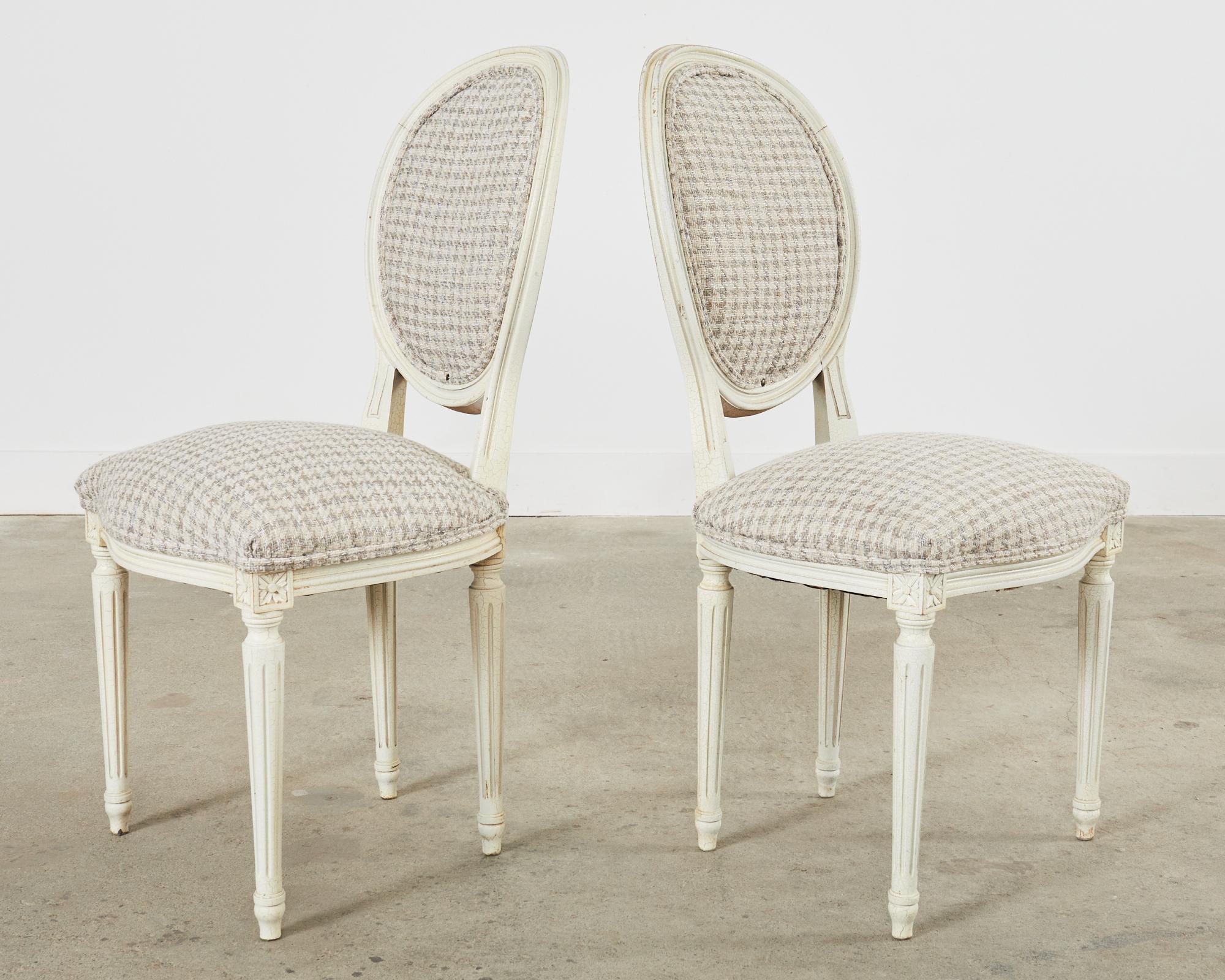 Set of Five Louis XVI Style Painted Dining Chairs with Houndstooth For Sale 2