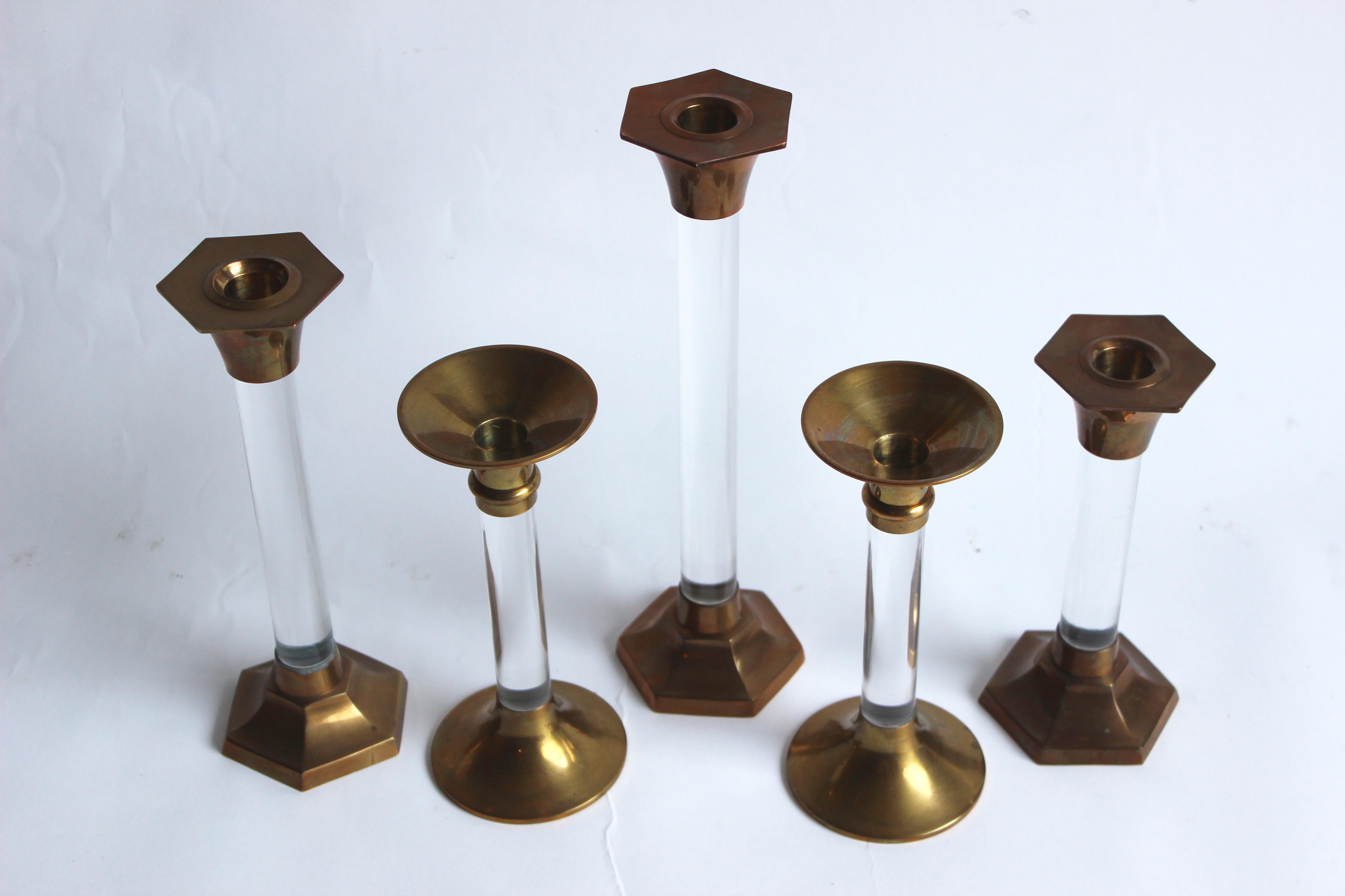 Set of Five Lucite and Brass Candlesticks In Excellent Condition In East Hampton, NY