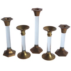 Set of Five Lucite and Brass Candlesticks