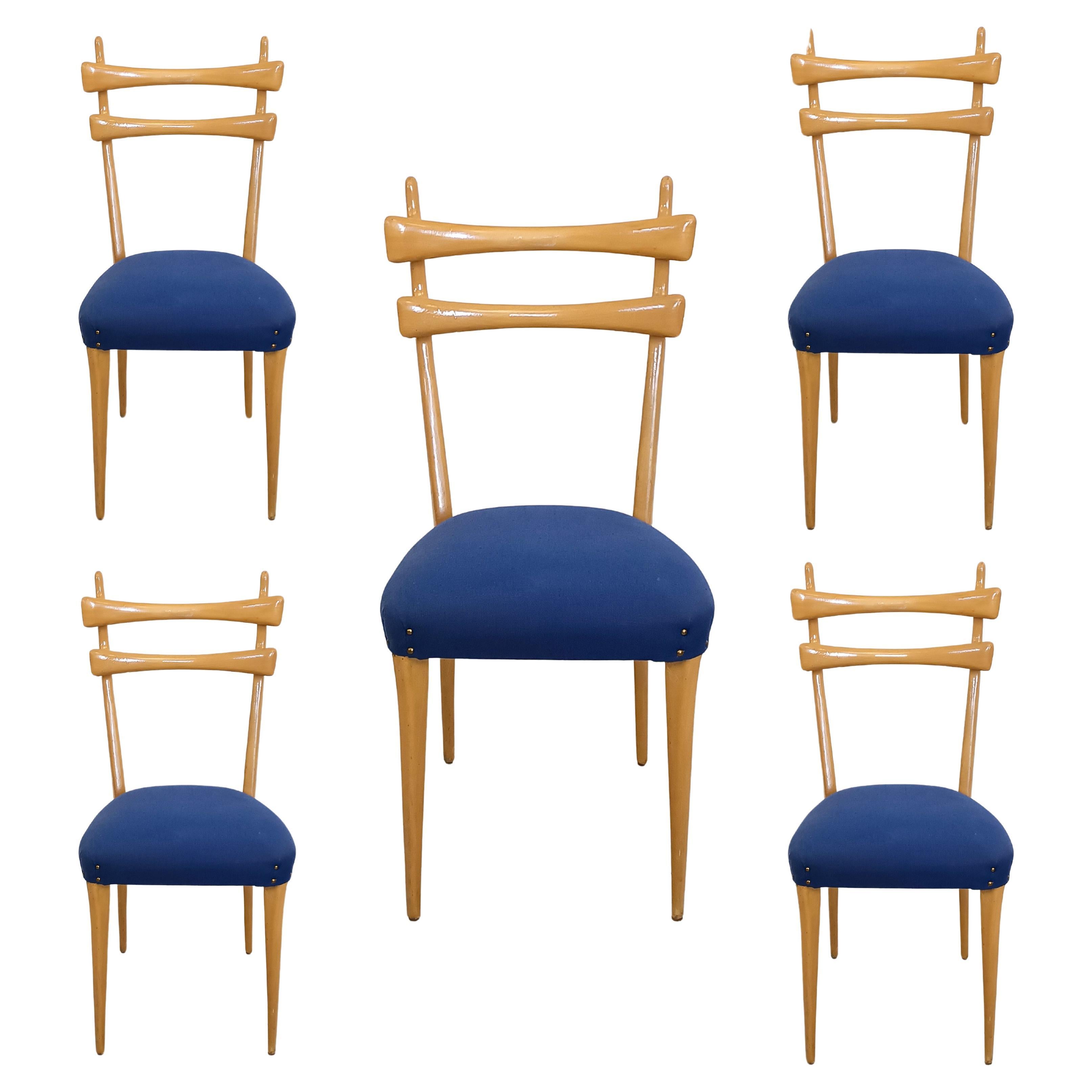 Set of Five Maple Dining Chairs with Ultramarine Blue Fabric, Italy