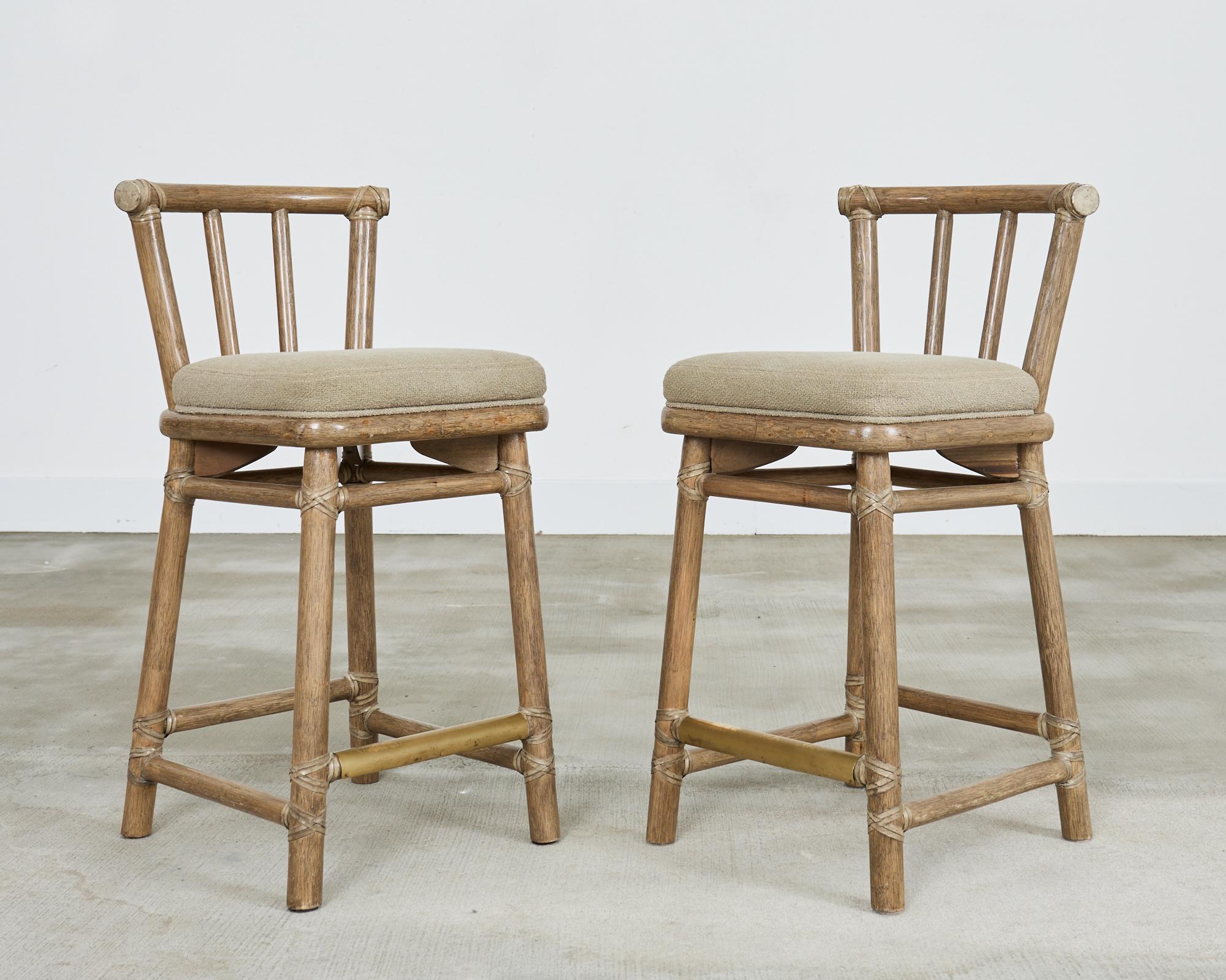 Brass Set of Five McGuire Cerused Rattan Counter Height Barstools