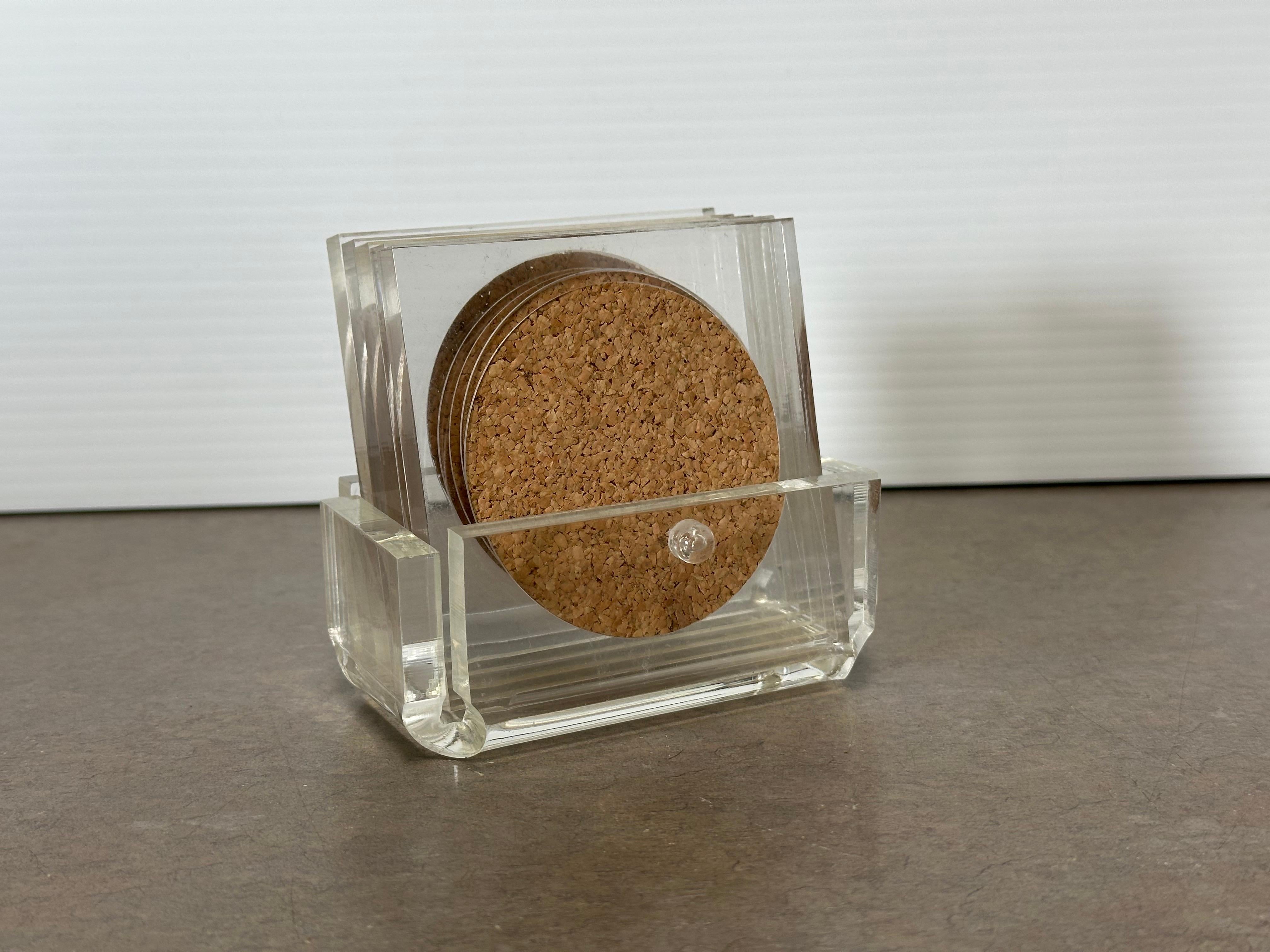 Set of Five MCM Clear Lucite Coasters with Cork Inserts and Coaster Holder For Sale 4