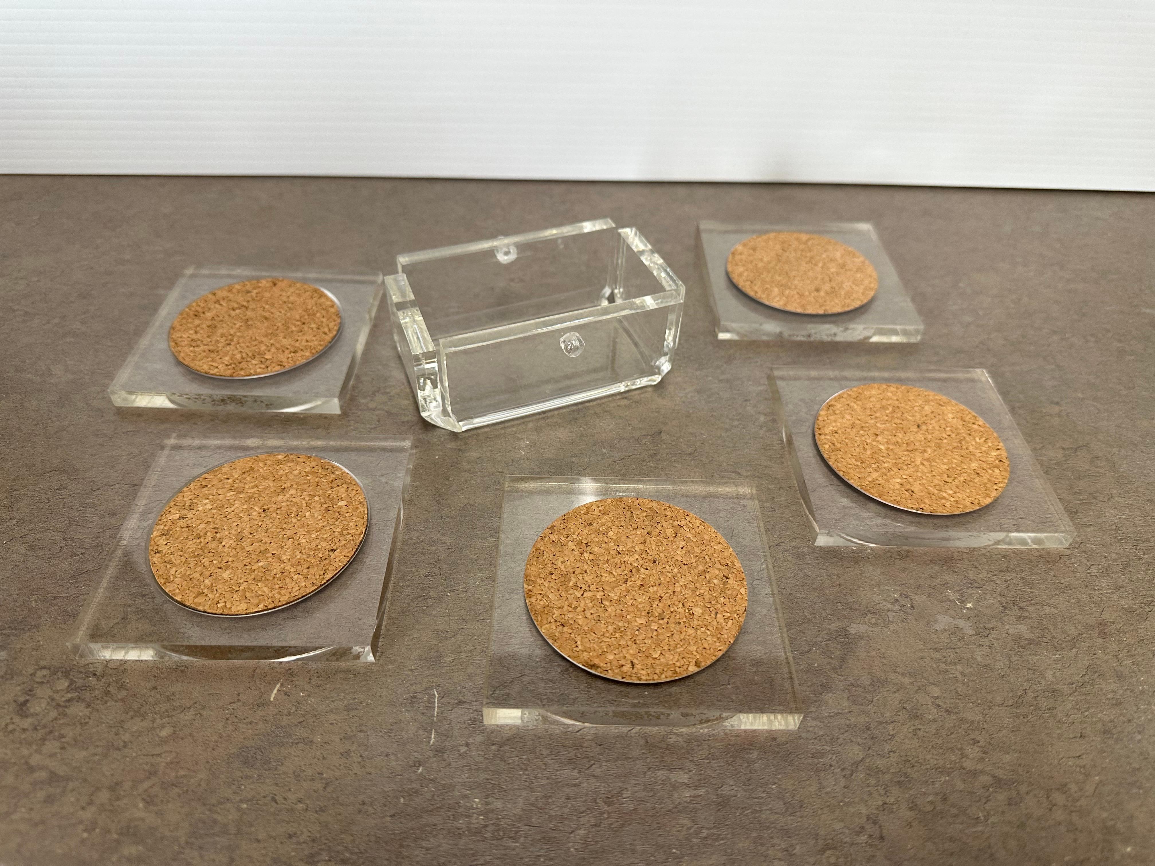 Set of Five MCM Clear Lucite Coasters with Cork Inserts and Coaster Holder For Sale 5