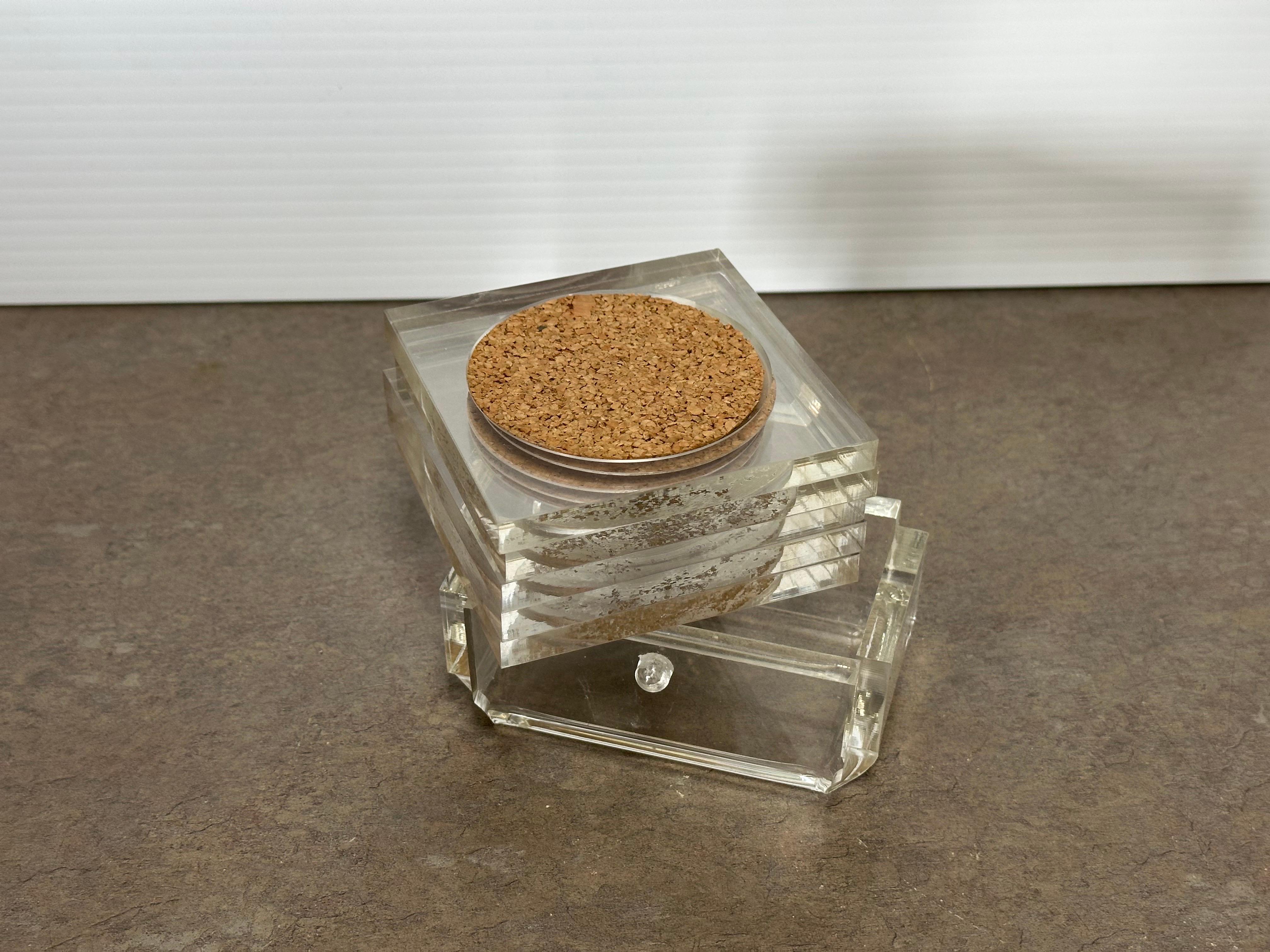 Set of Five MCM Clear Lucite Coasters with Cork Inserts and Coaster Holder For Sale 6