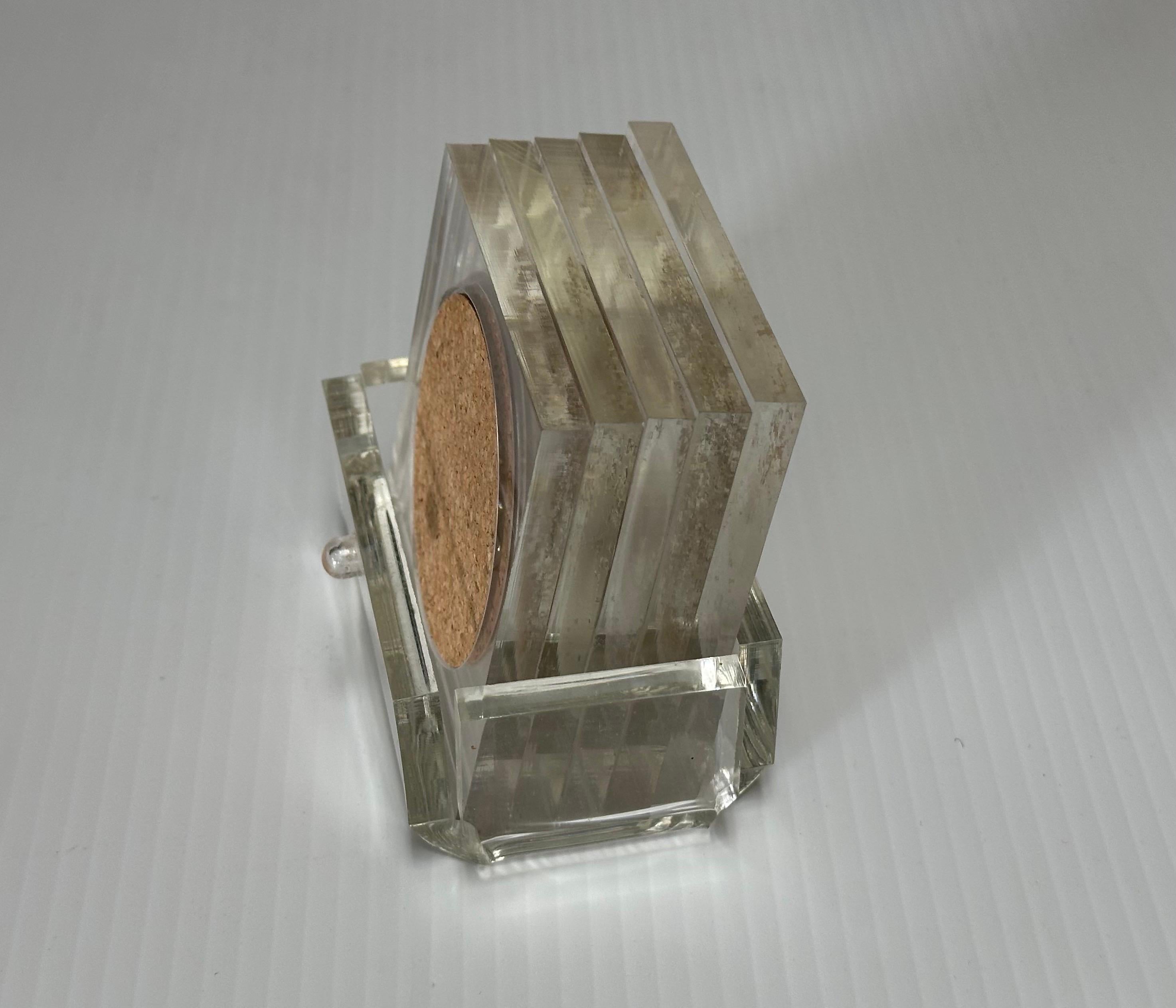 Set of Five MCM Clear Lucite Coasters with Cork Inserts and Coaster Holder For Sale 7