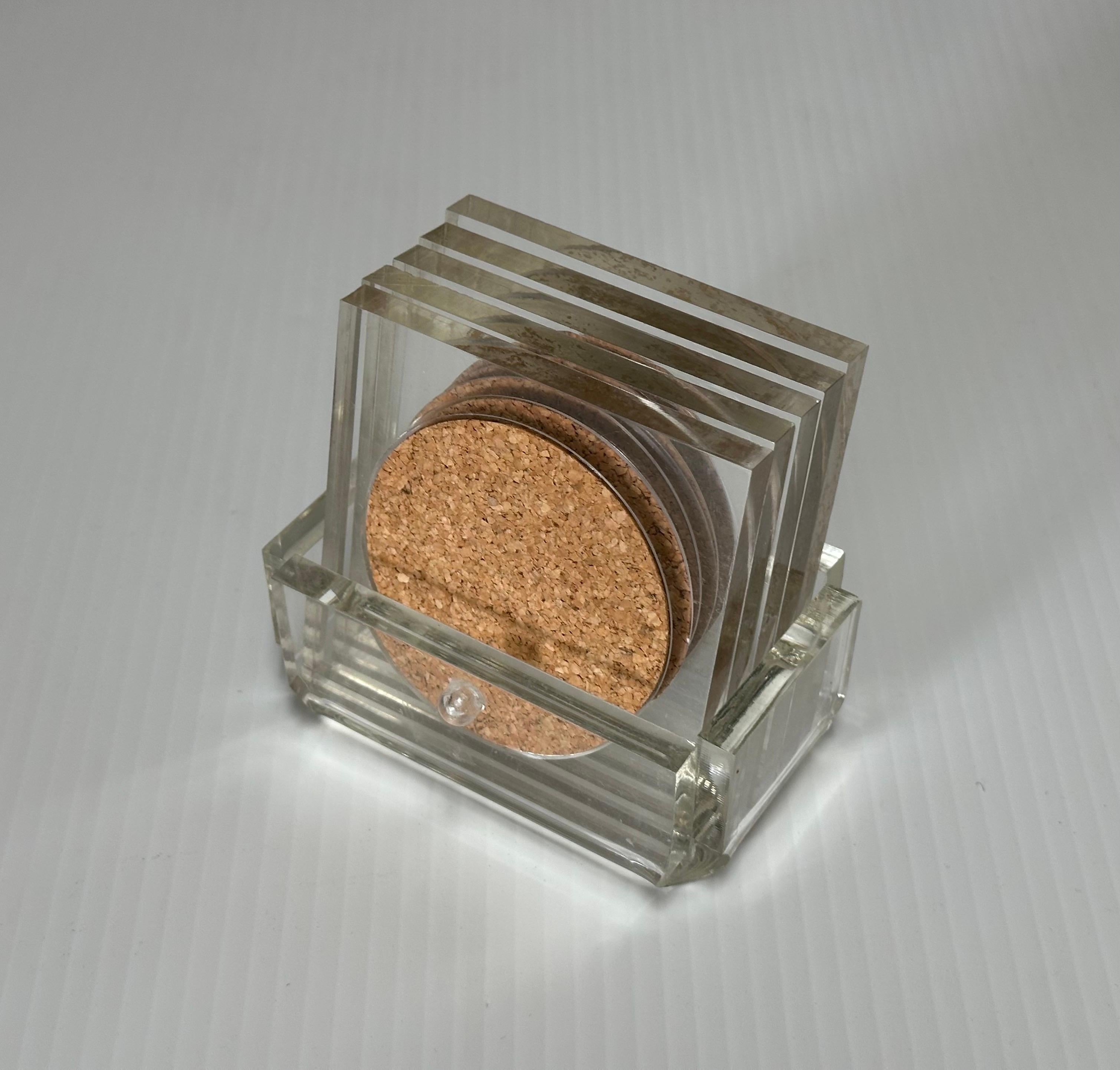 Set of Five MCM Clear Lucite Coasters with Cork Inserts and Coaster Holder For Sale 8