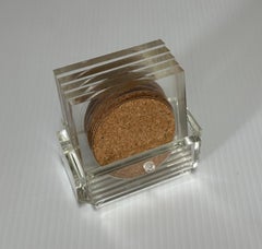 Set of Five MCM Clear Lucite Coasters with Cork Inserts and Coaster Holder