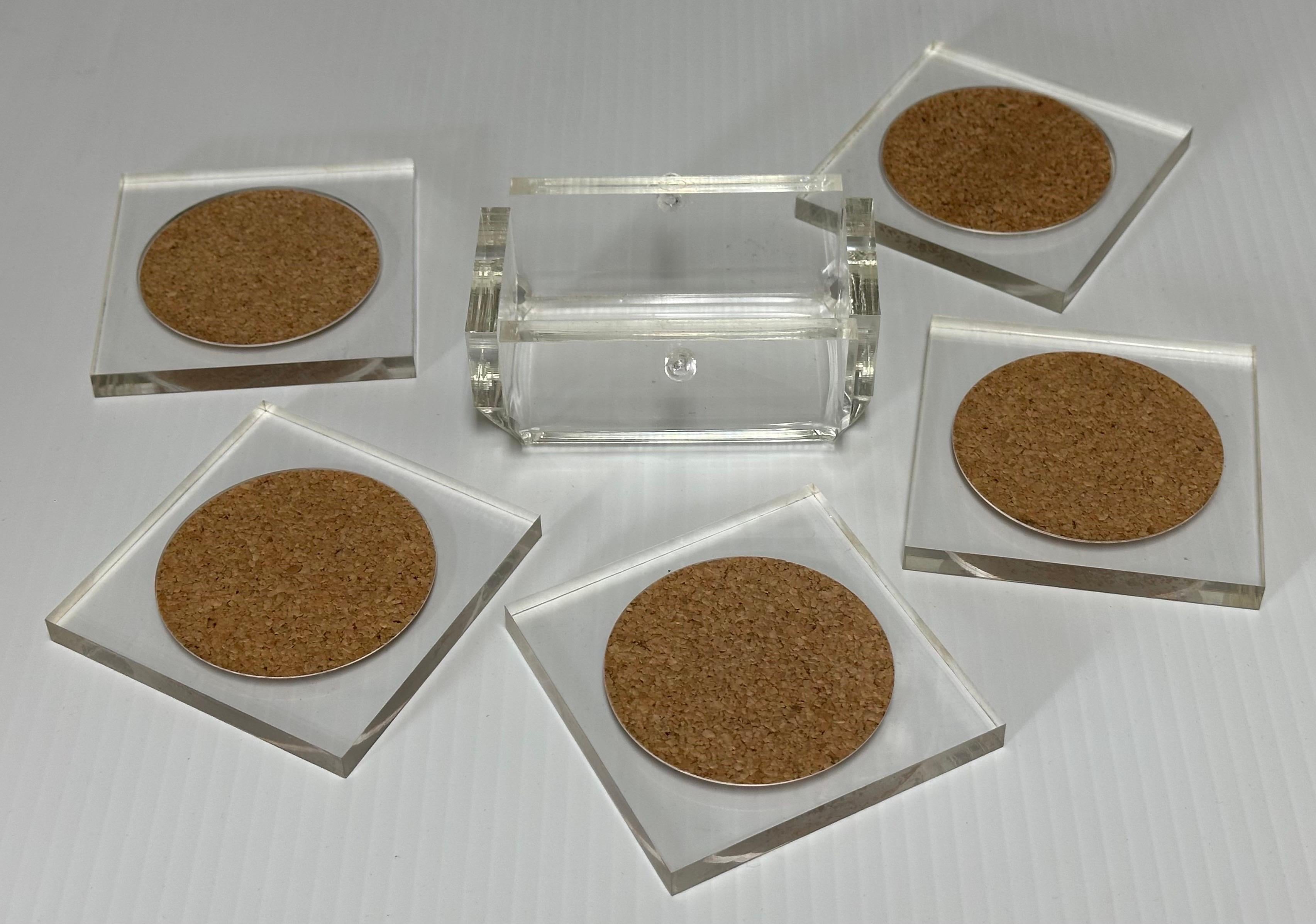 Mid-Century Modern Set of Five MCM Clear Lucite Coasters with Cork Inserts and Coaster Holder For Sale