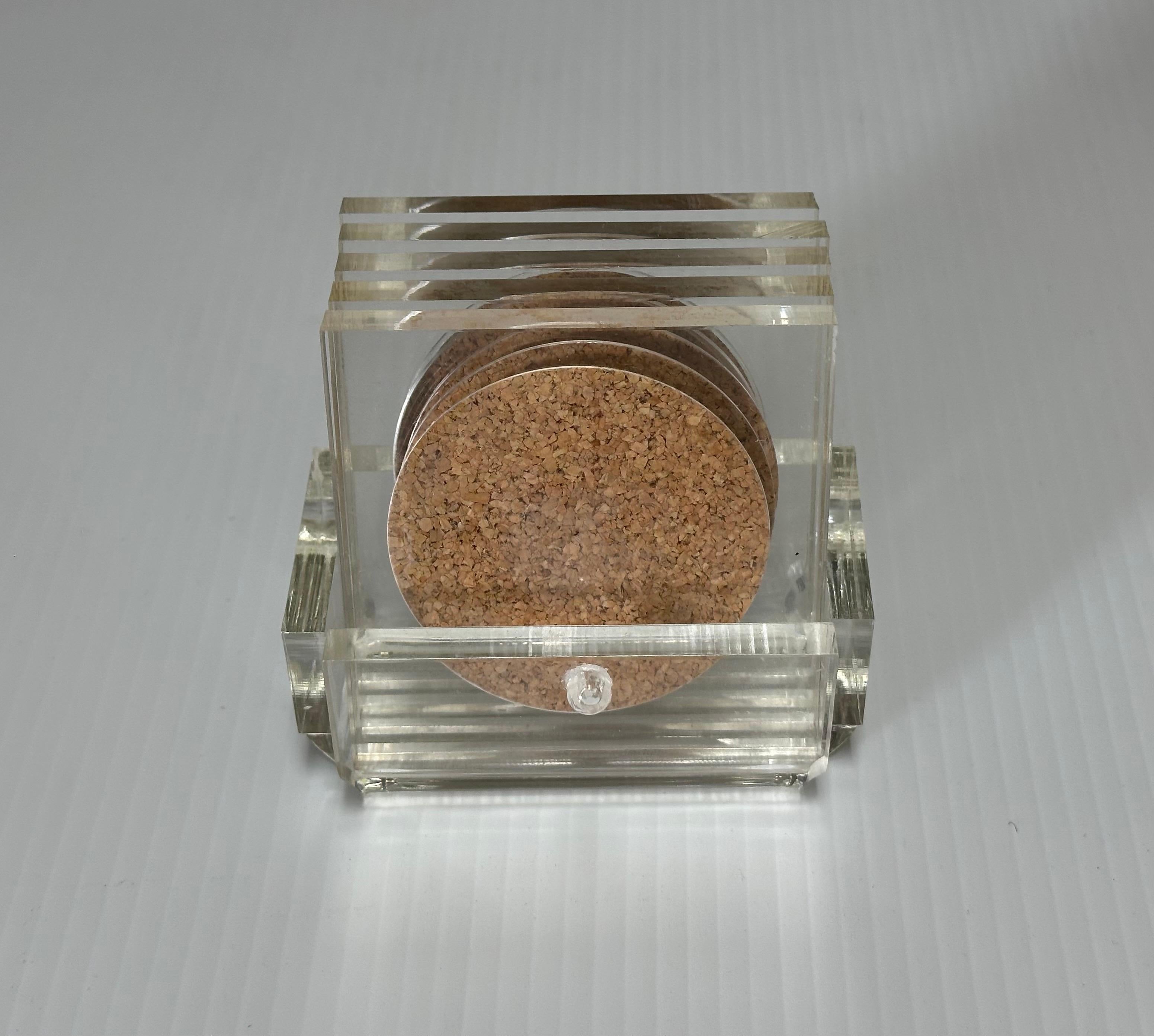 American Set of Five MCM Clear Lucite Coasters with Cork Inserts and Coaster Holder For Sale