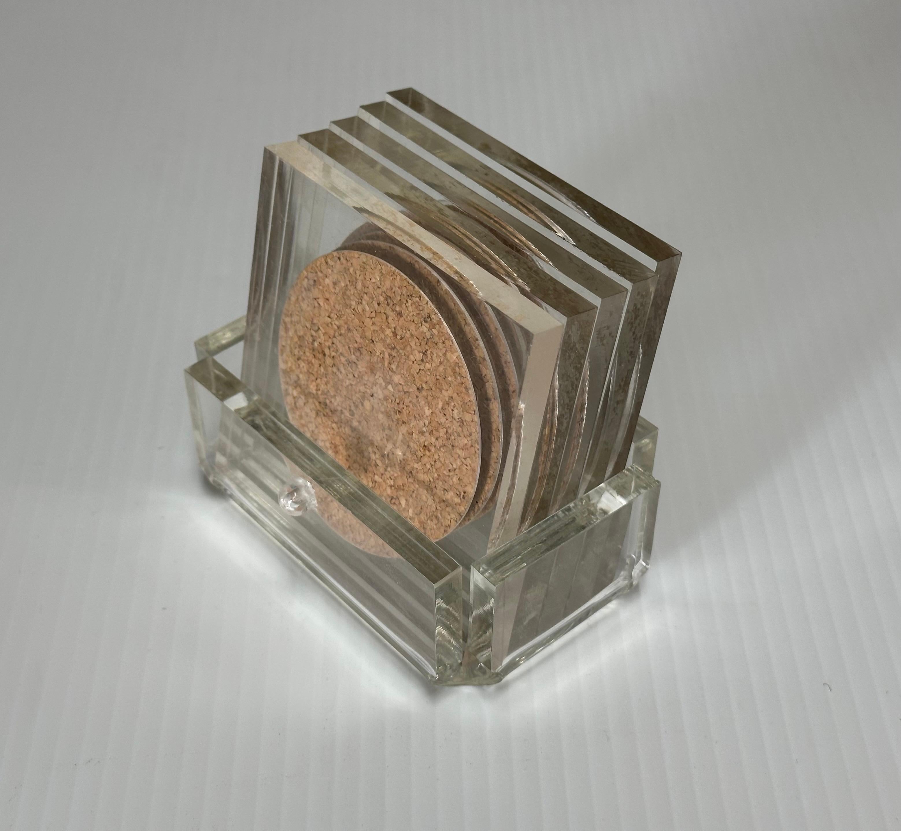 Set of Five MCM Clear Lucite Coasters with Cork Inserts and Coaster Holder In Good Condition For Sale In San Diego, CA