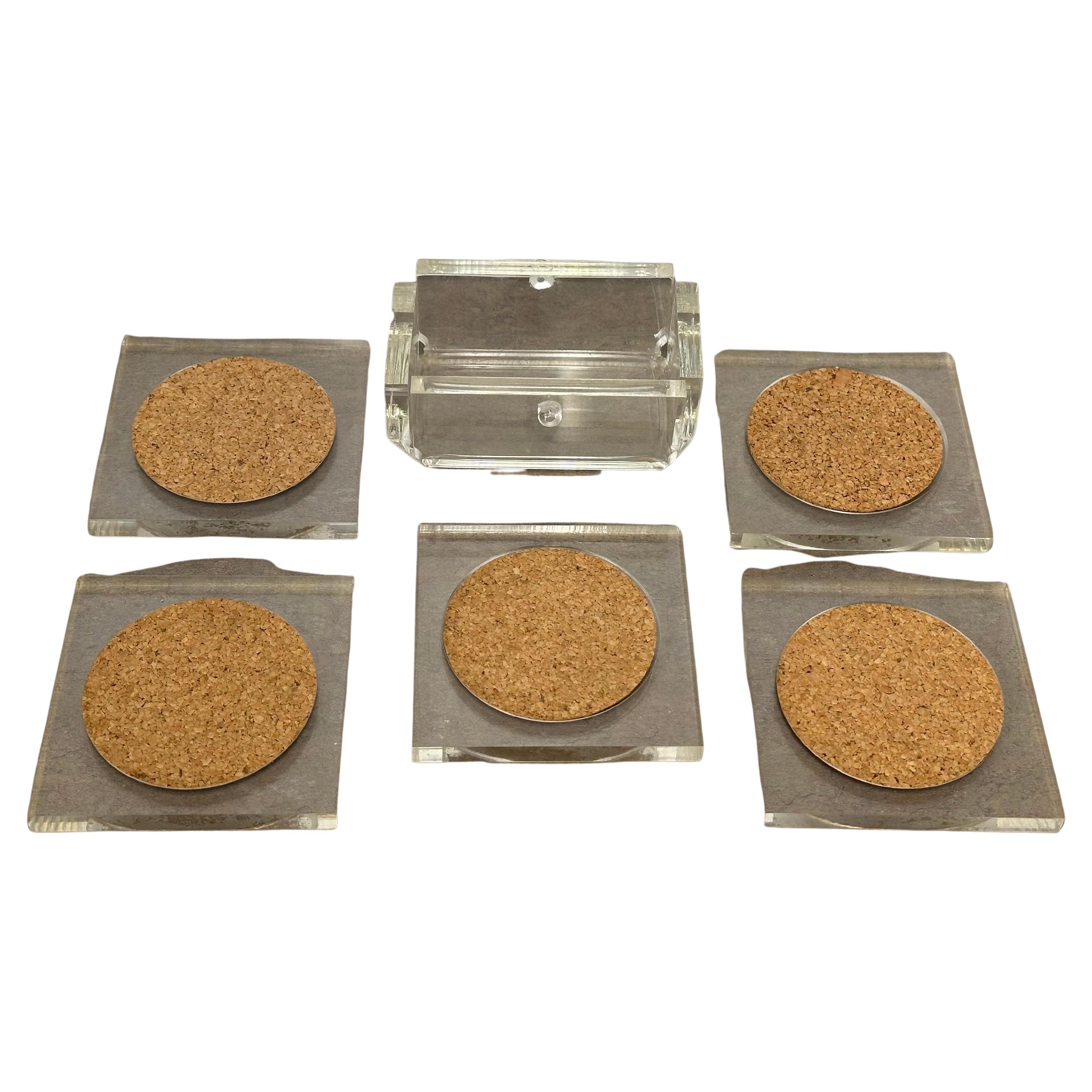 20th Century Set of Five MCM Clear Lucite Coasters with Cork Inserts and Coaster Holder For Sale