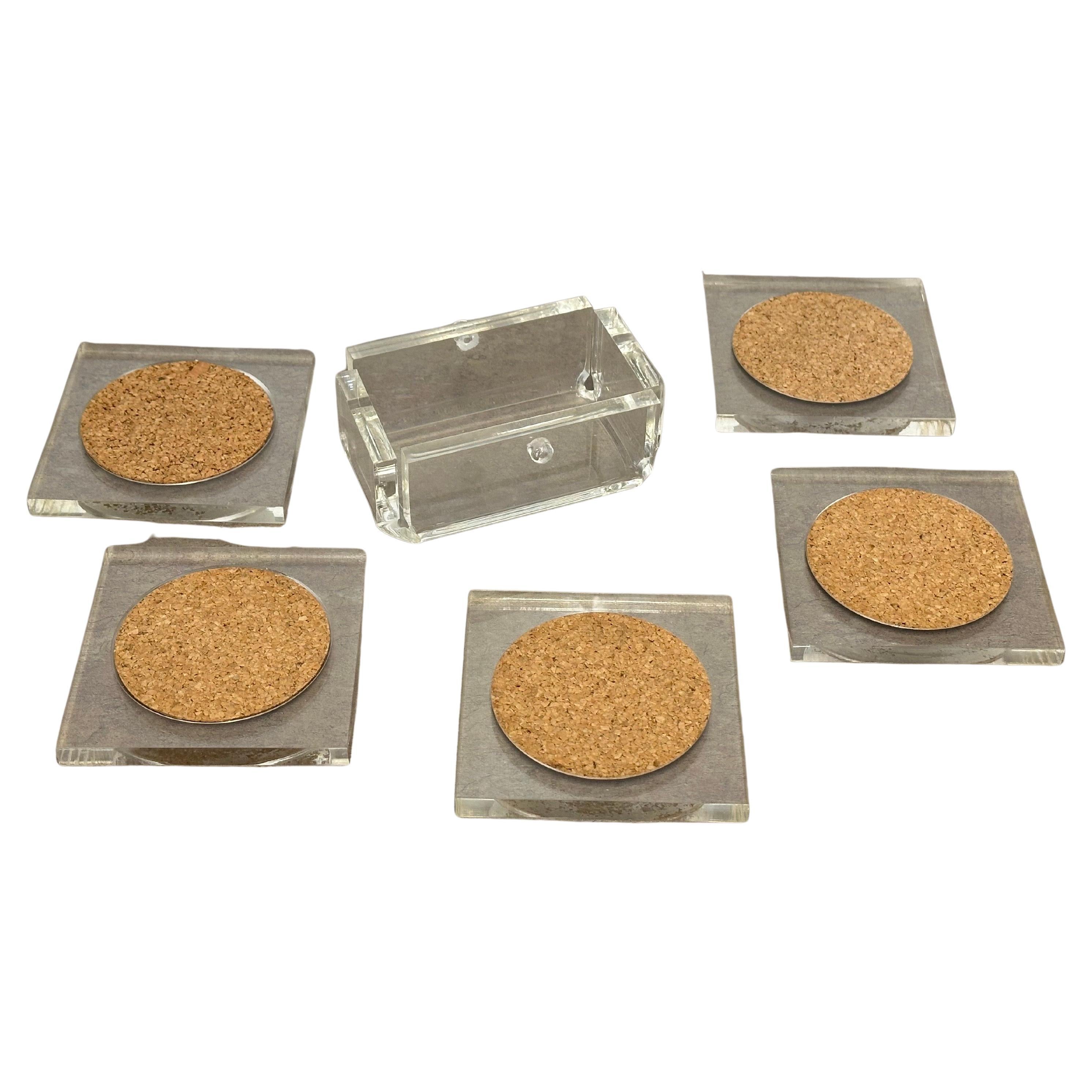 Set of Five MCM Clear Lucite Coasters with Cork Inserts and Coaster Holder For Sale 1