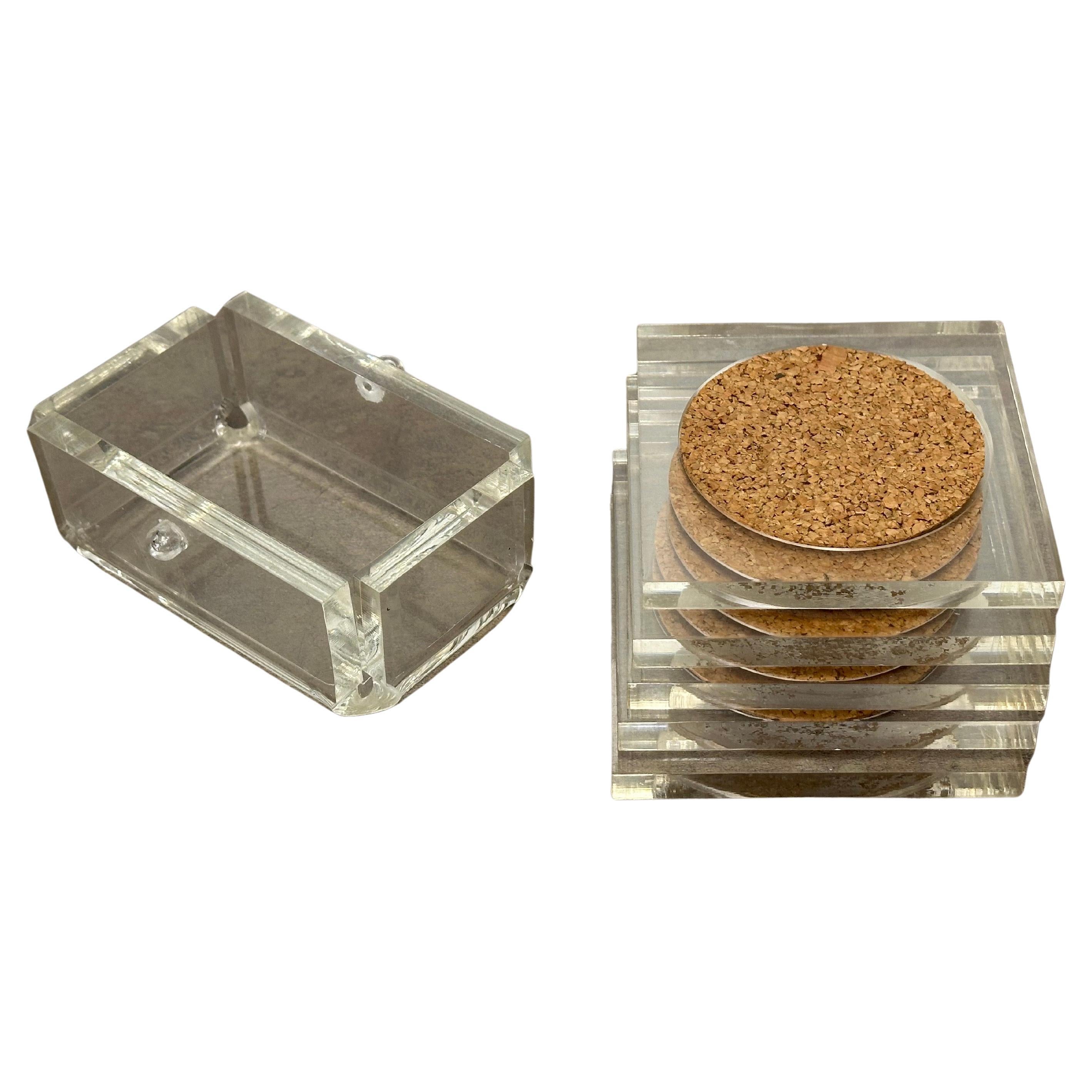 Set of Five MCM Clear Lucite Coasters with Cork Inserts and Coaster Holder For Sale 2