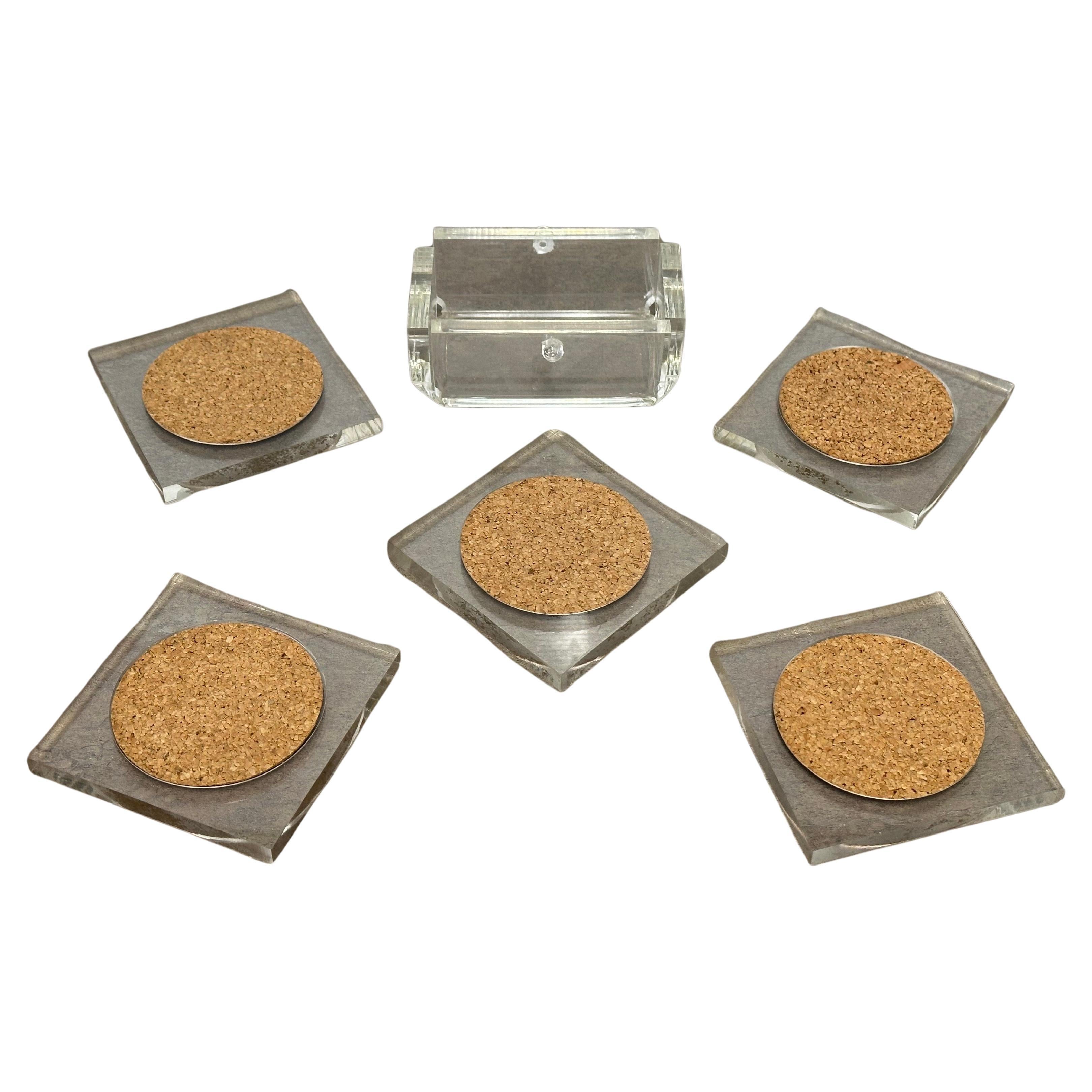 Set of Five MCM Clear Lucite Coasters with Cork Inserts and Coaster Holder For Sale 3