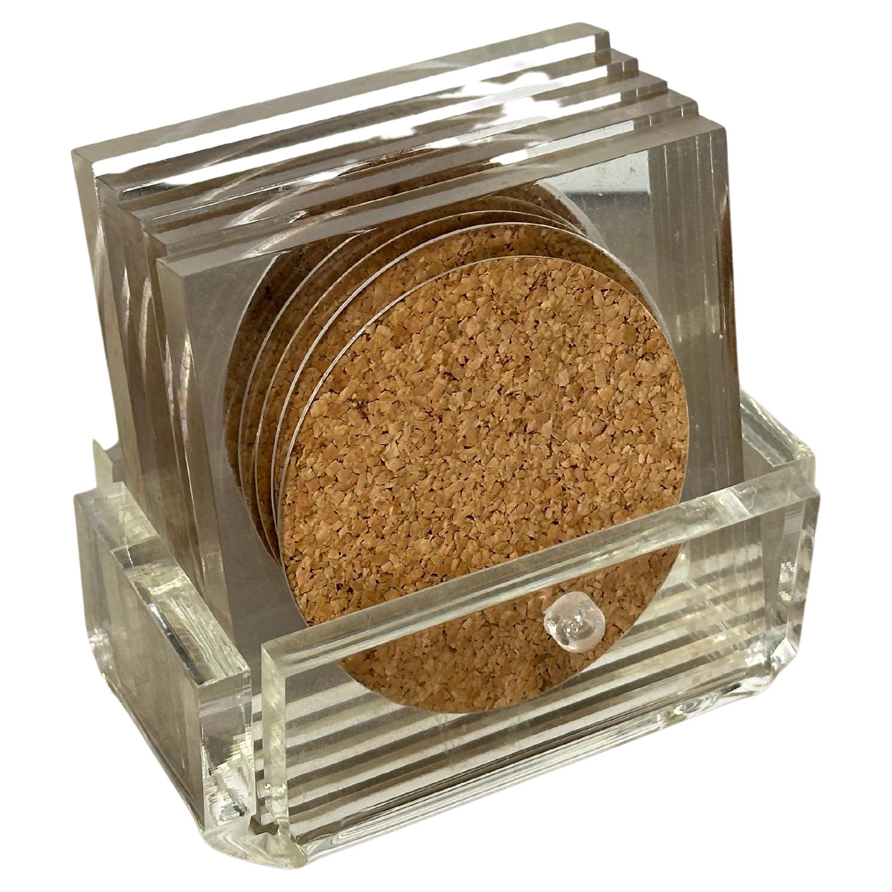 Set of Five MCM Clear Lucite Coasters with Cork Inserts and Coaster Holder For Sale