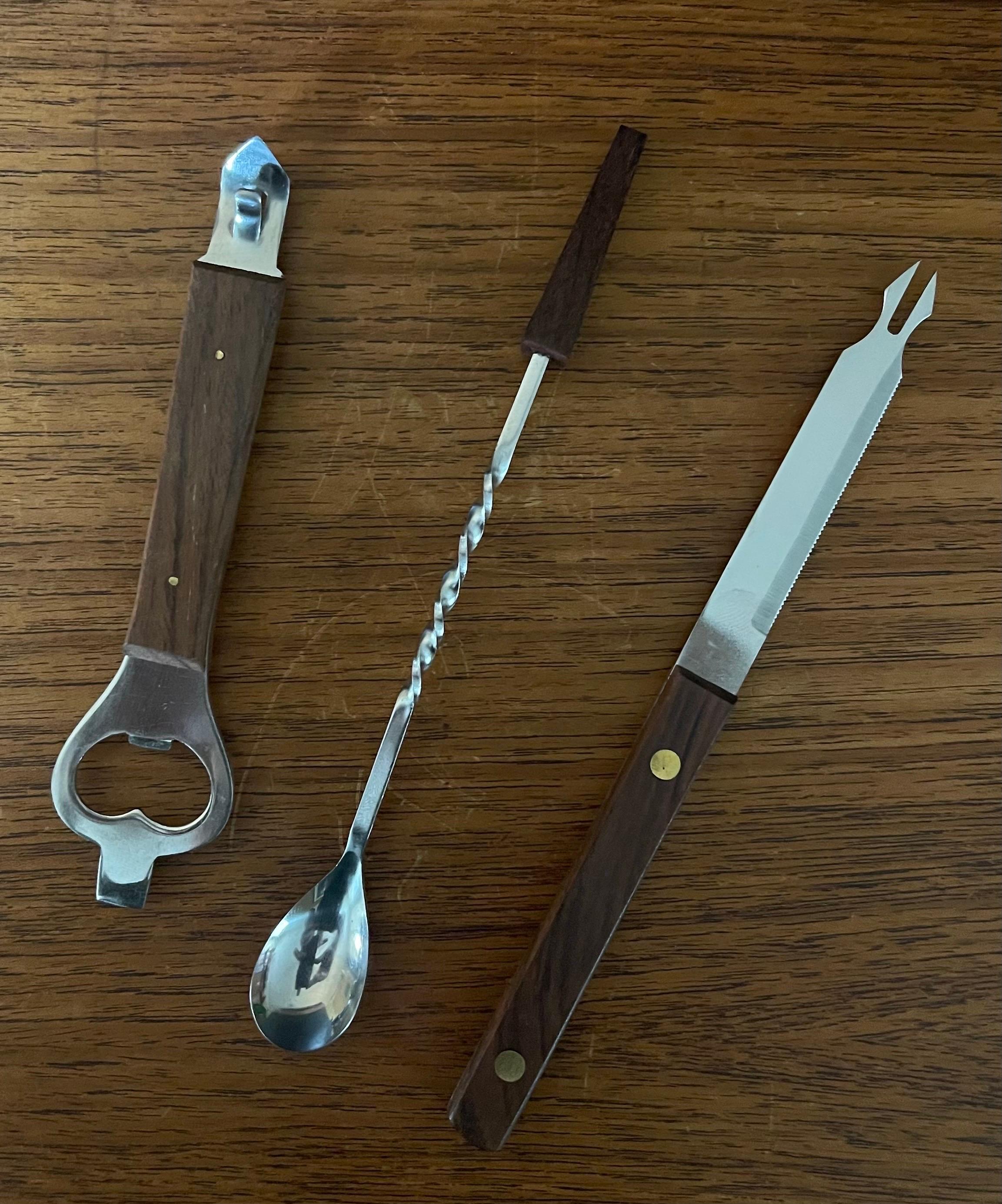 20th Century Set of Five MCM Walnut & Stainless Steel Barware Tools