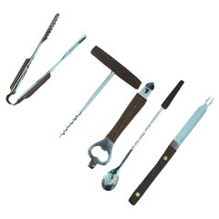 Retro Set of Five MCM Walnut & Stainless Steel Barware Tools