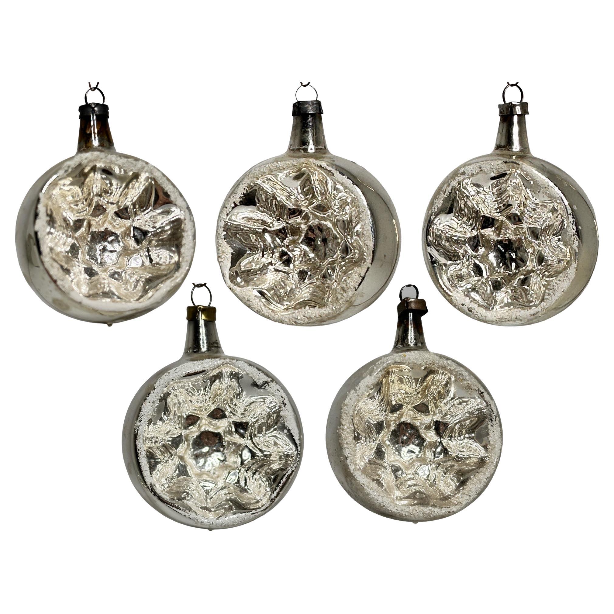 Set of Five Mercury Glass Ball Christmas Ornaments Vintage, German, 1910s For Sale