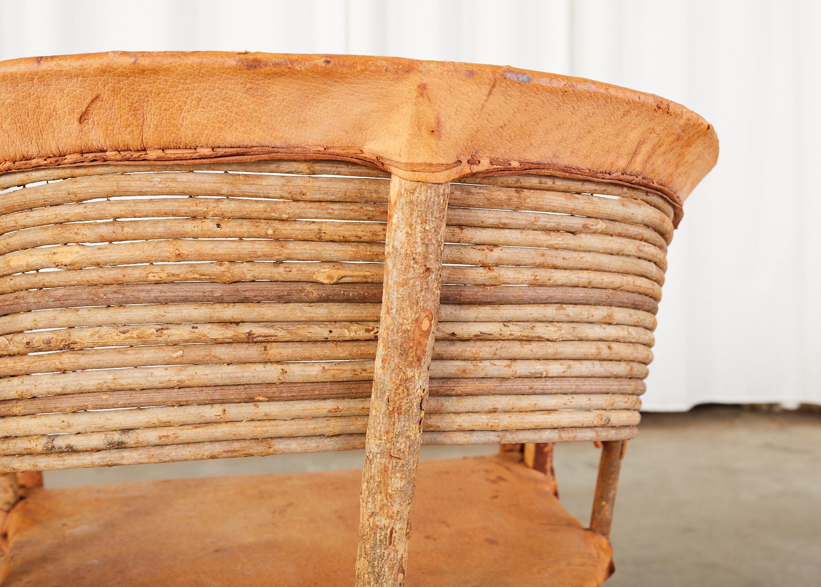 Set of Five Mexican Leather and Cedar Equipale Chairs In Distressed Condition In Rio Vista, CA
