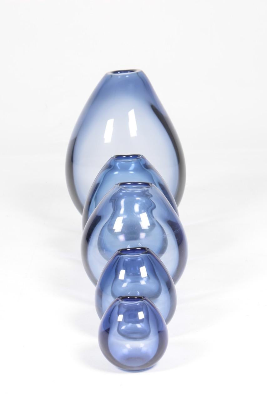 Scandinavian Modern Set of Five Midcentury Drop Vases in Blue Glass by Per Lütken, 1950s