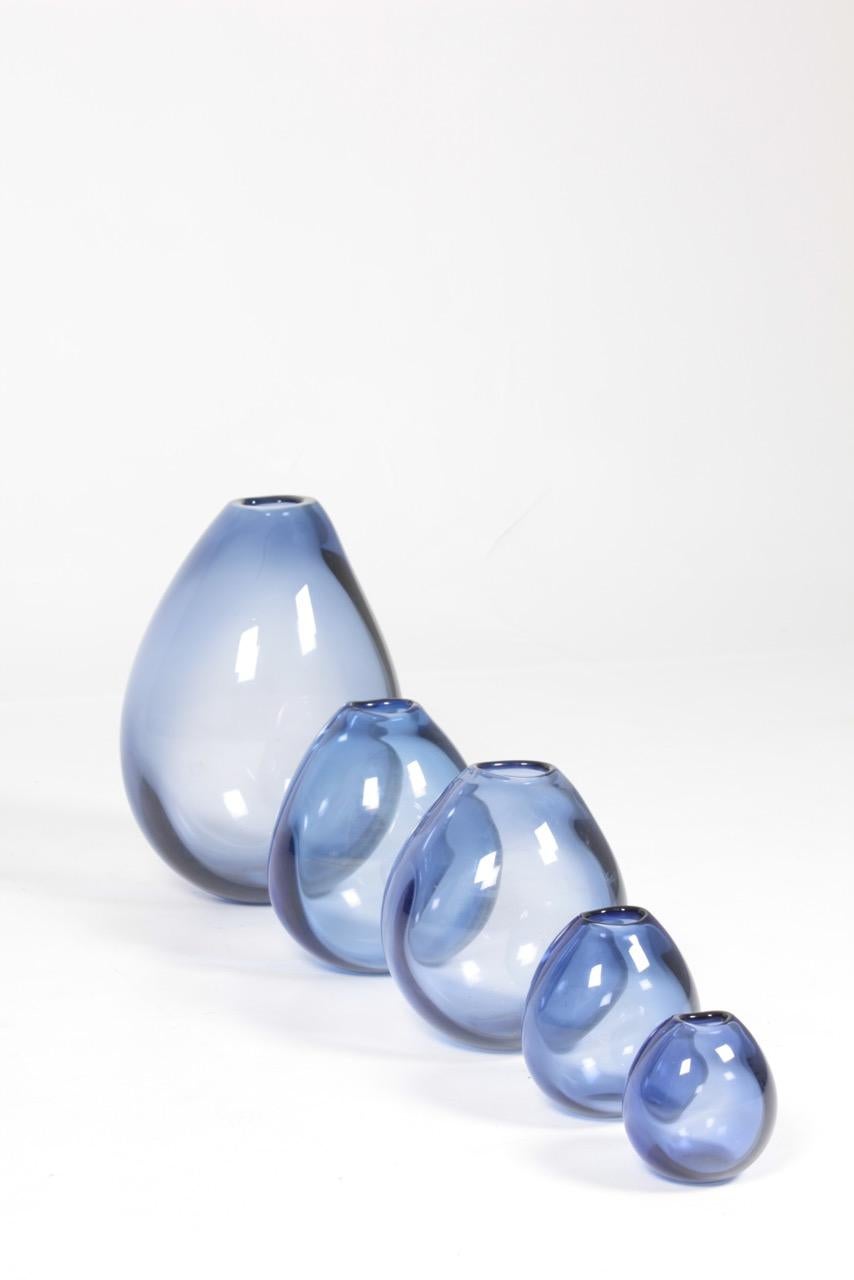 Danish Set of Five Midcentury Drop Vases in Blue Glass by Per Lütken, 1950s