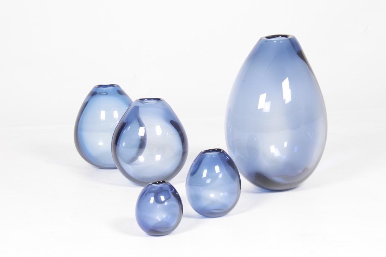 Set of Five Midcentury Drop Vases in Blue Glass by Per Lütken, 1950s 1