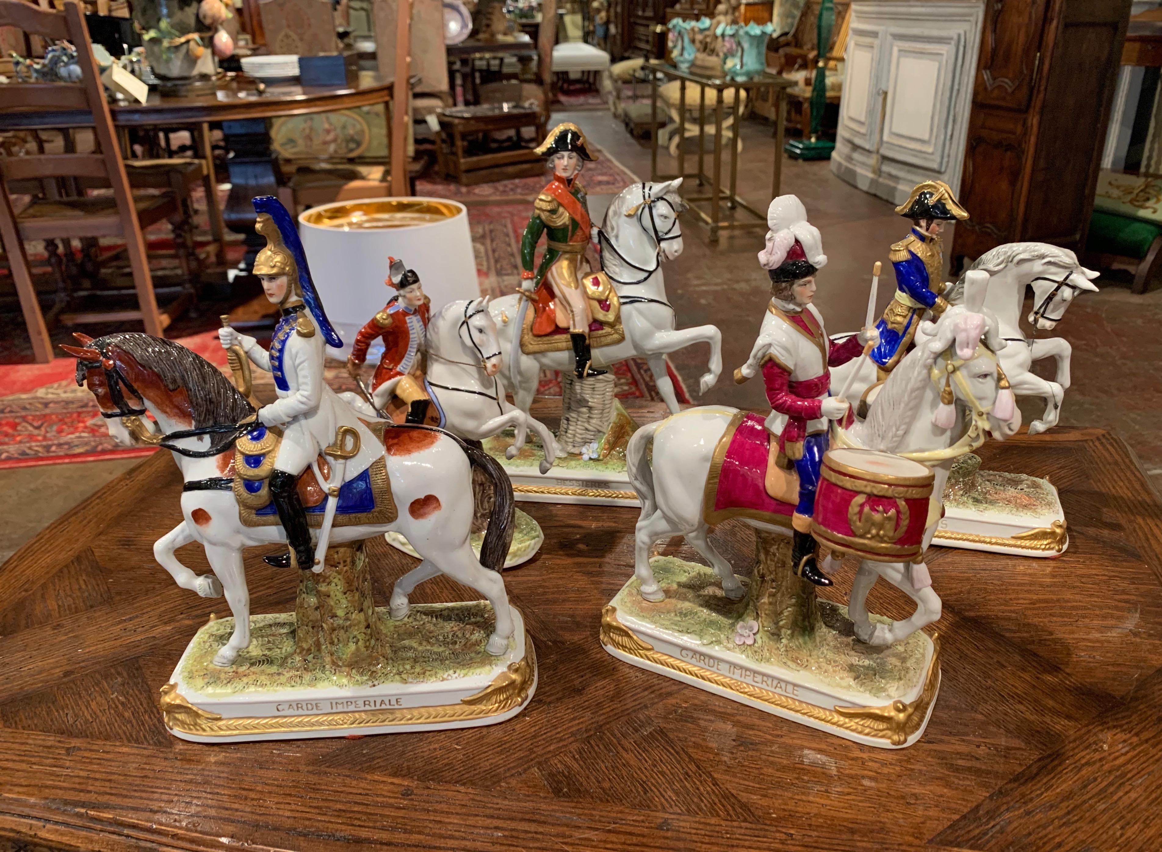 German Set of Five Midcentury French Napoleonic Porcelain Riders on Horses Figures