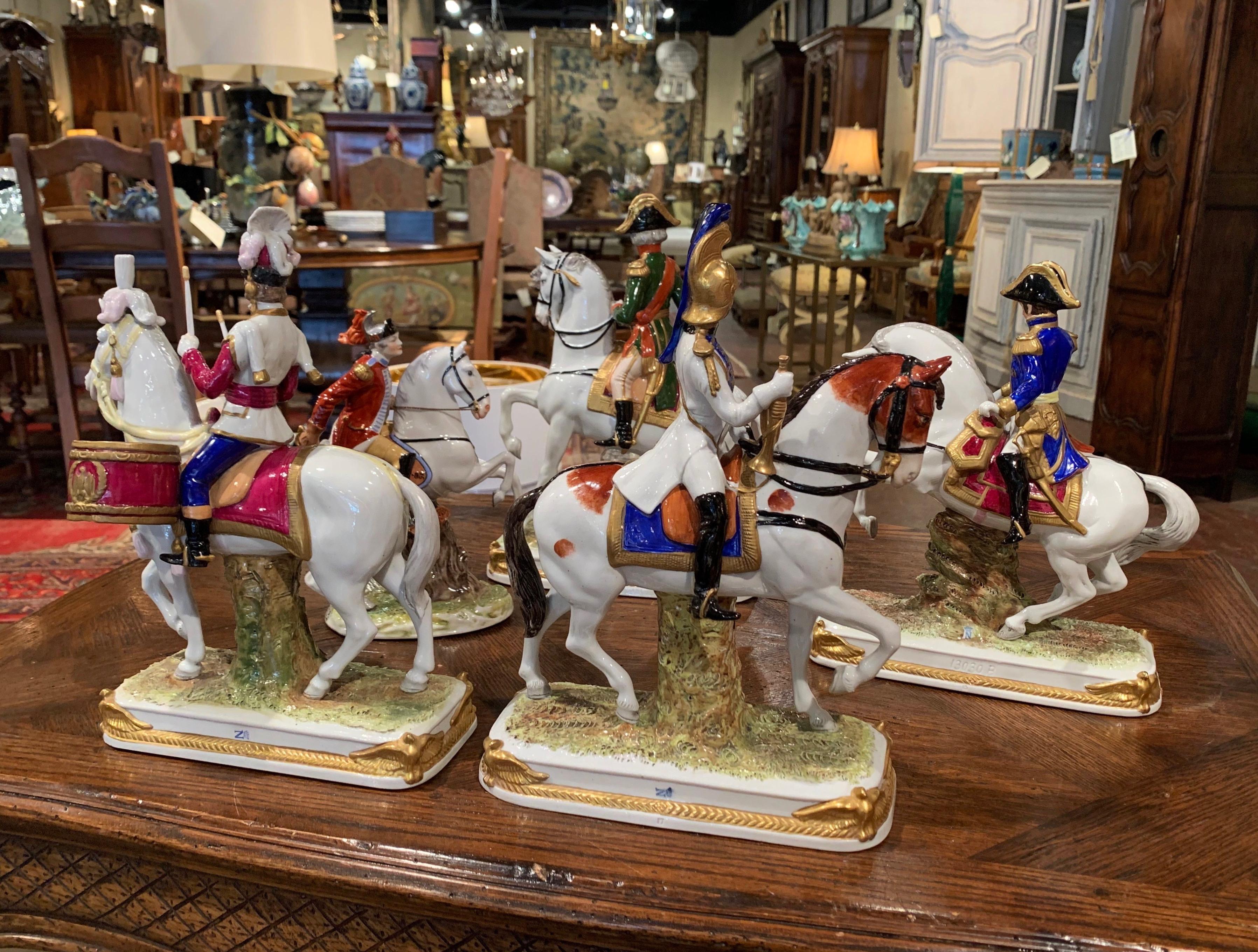 Hand-Crafted Set of Five Midcentury French Napoleonic Porcelain Riders on Horses Figures