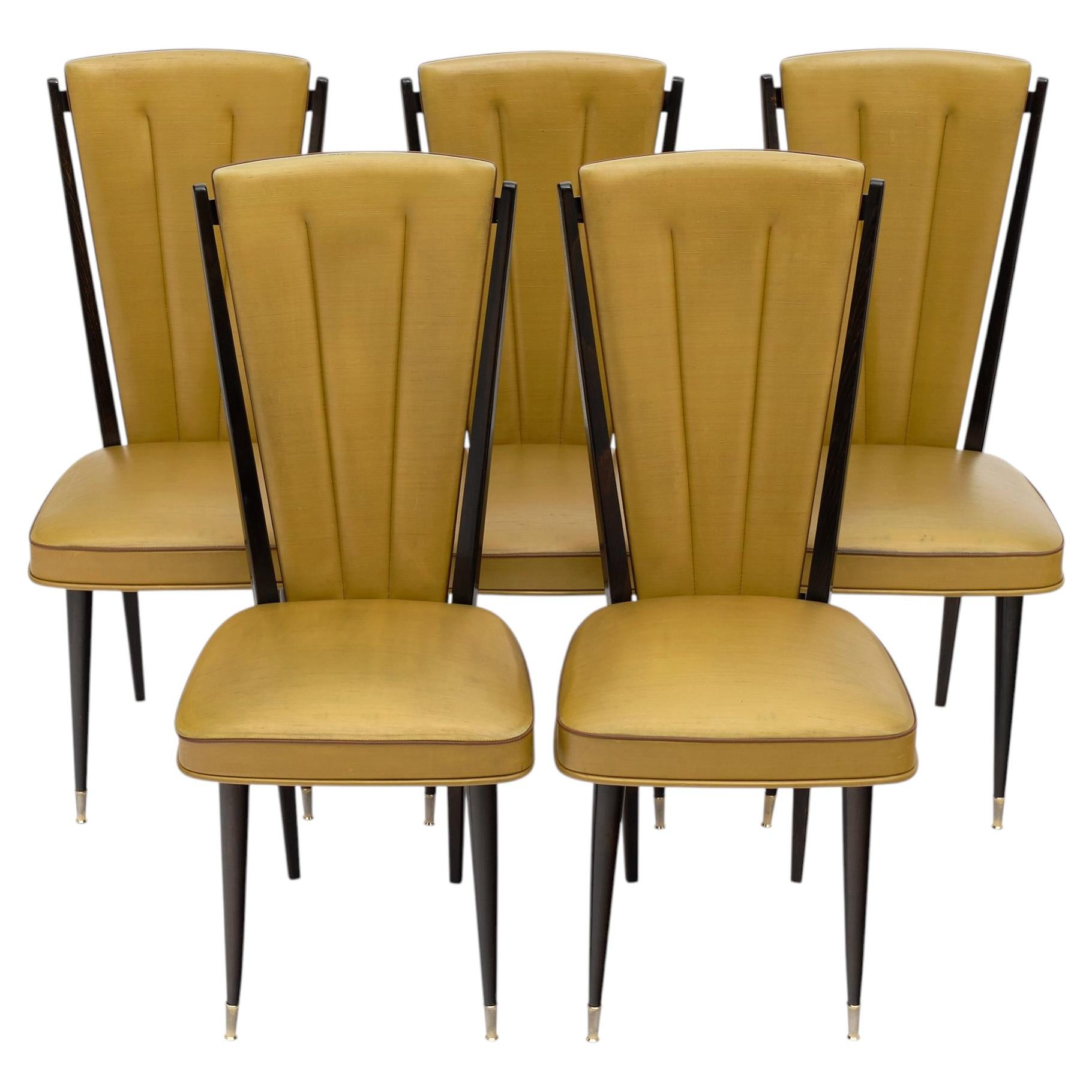 Set of Five Mid-Century Modern Dining Chairs, Beech Wood, Vinyl, 1950 For Sale