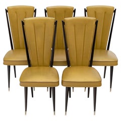 Set of Five Mid-Century Modern Dining Chairs, Beech Wood, Vinyl, 1950