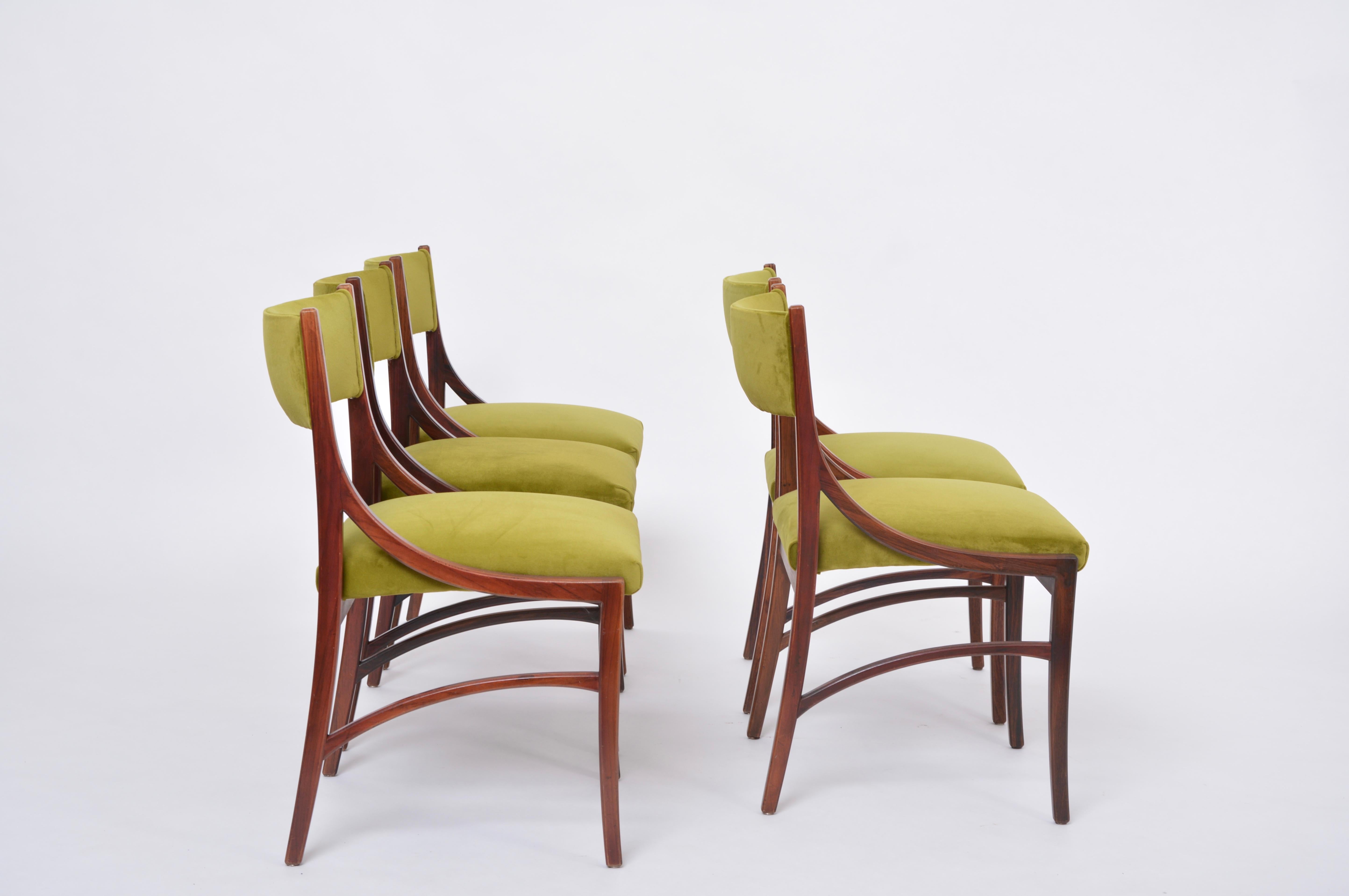 Velvet Set of five Mid-Century Modern Green reupholstered Dining Chairs by Ico Parisi  For Sale