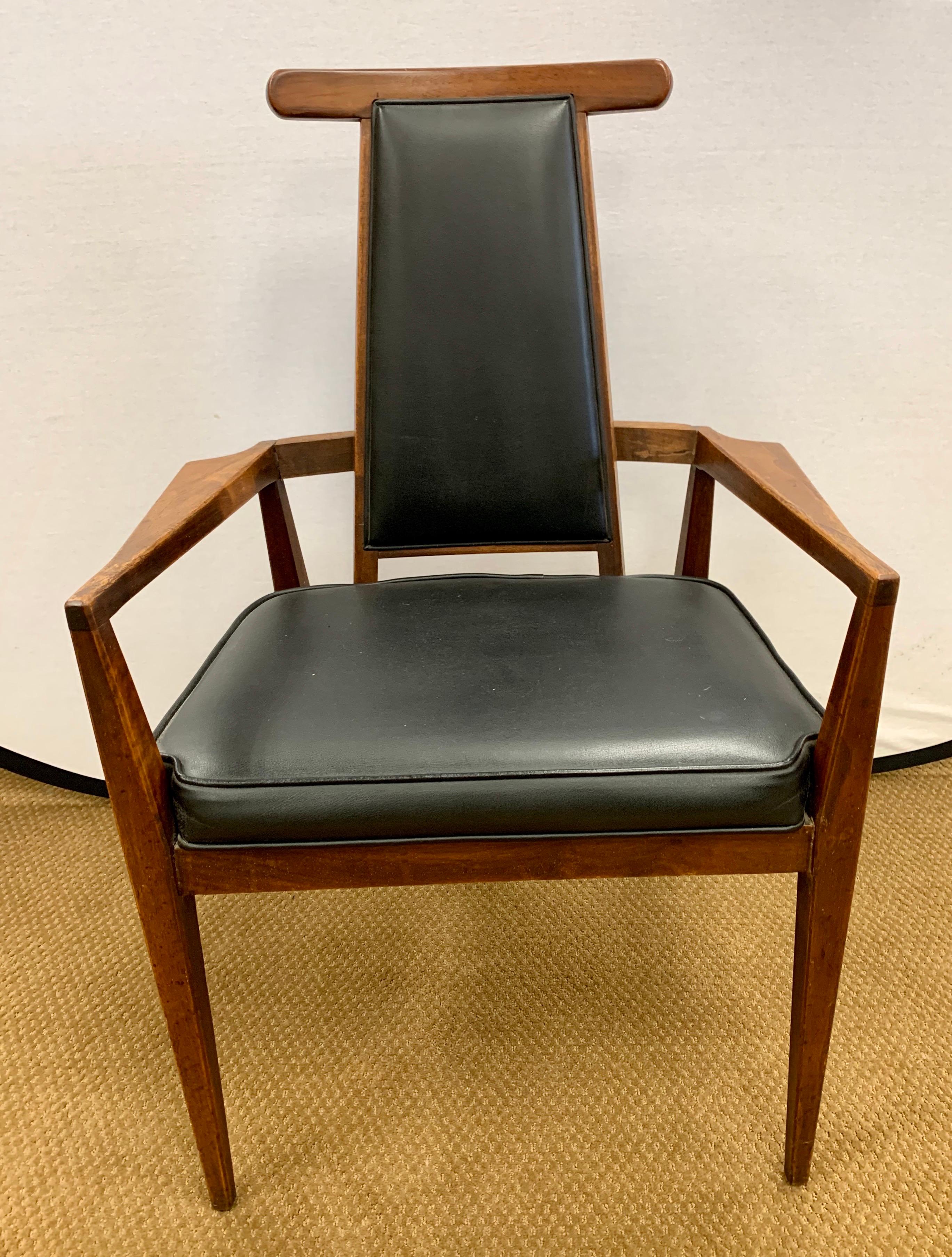 Rare set of five Foster-McDavid Ox dining chairs with walnut frames and black vinyl fabric that is not only original but still in great condition. Foster-McDavid was based in Florida and custom made these chairs for clients in the 1950s. The 
