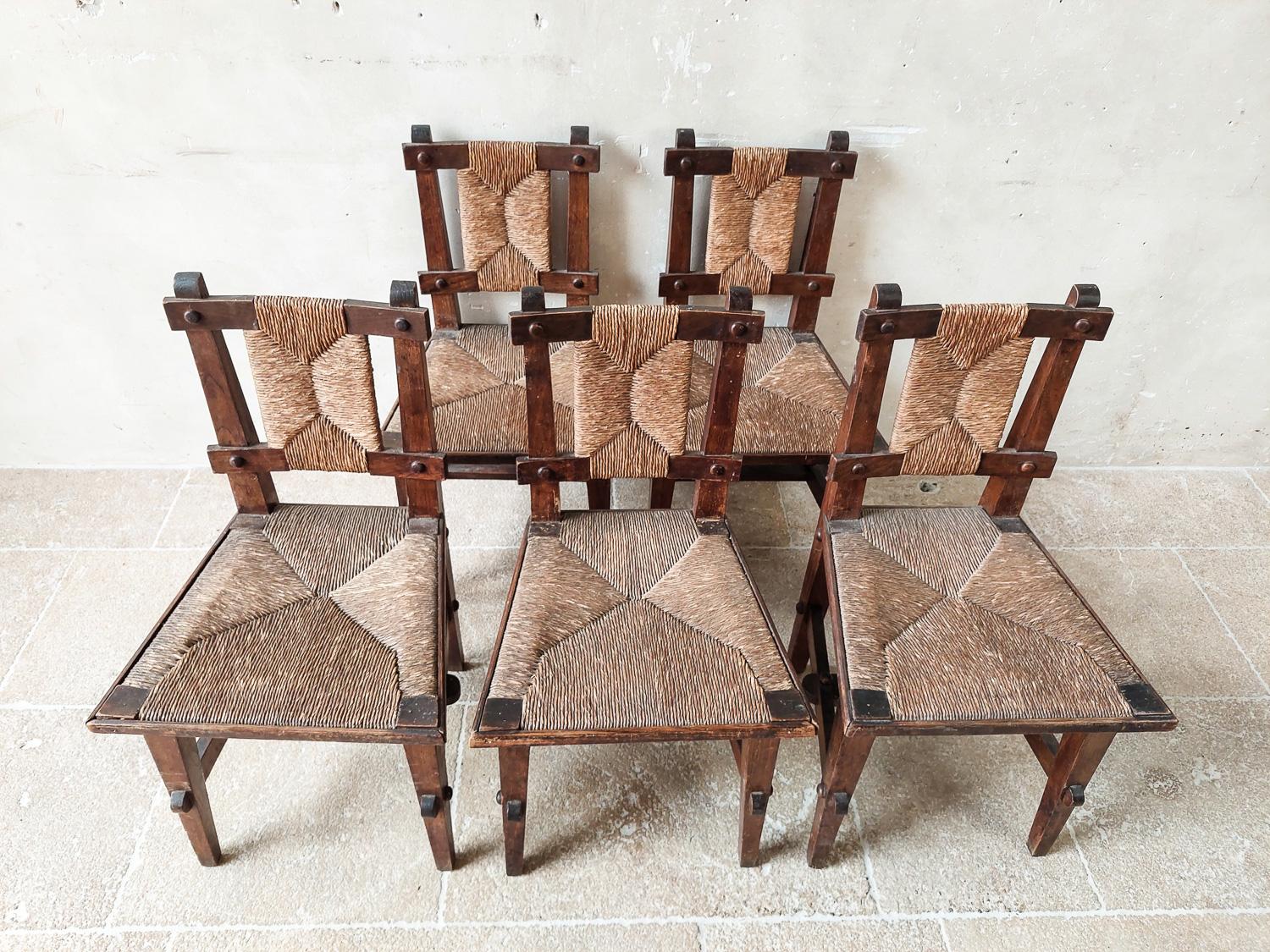 Rush Set of five Mid-century Spanish Finca Dining room Chairs in Brutalist style